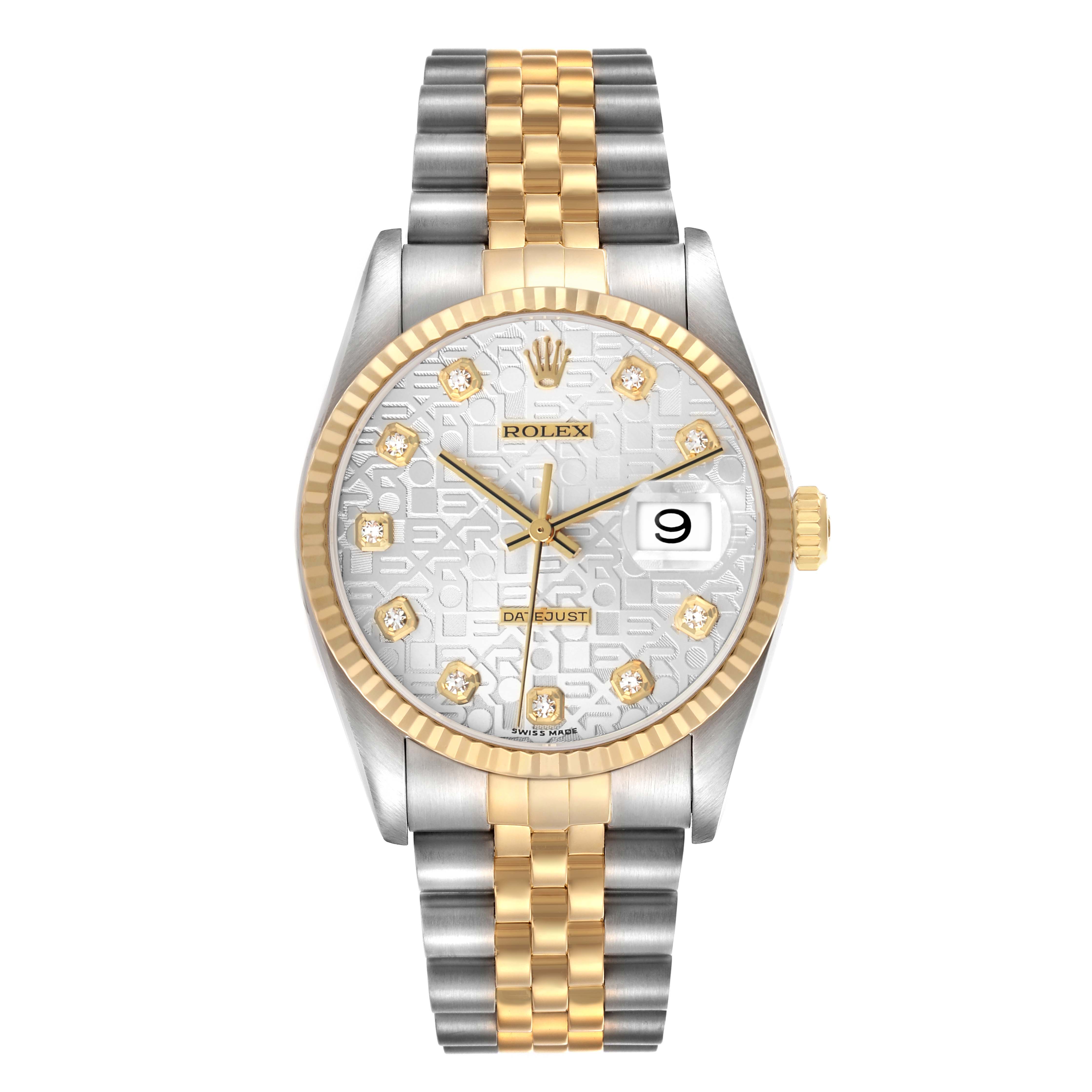 The Rolex Datejust 16233 Men
s Steel and Gold (two tone) Silver Dial watch is shown from a front view, displaying the dial, hands, bracelet, bezel, and crown.