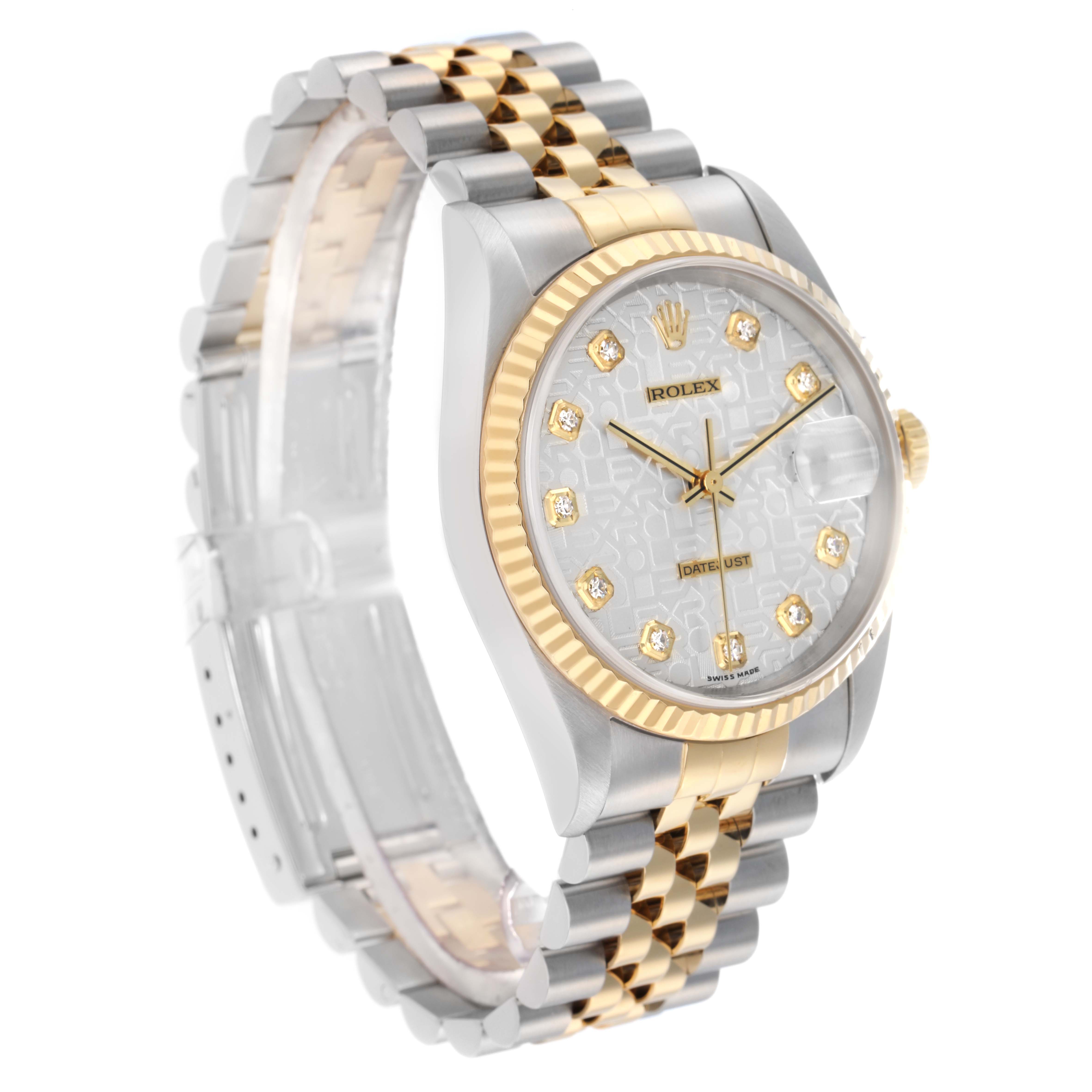 The Rolex Datejust 16233 Men
s Steel and Gold (two tone) Silver Dial watch is shown at a three-quarter angle, highlighting the dial, fluted bezel, and two-tone Oyster bracelet.