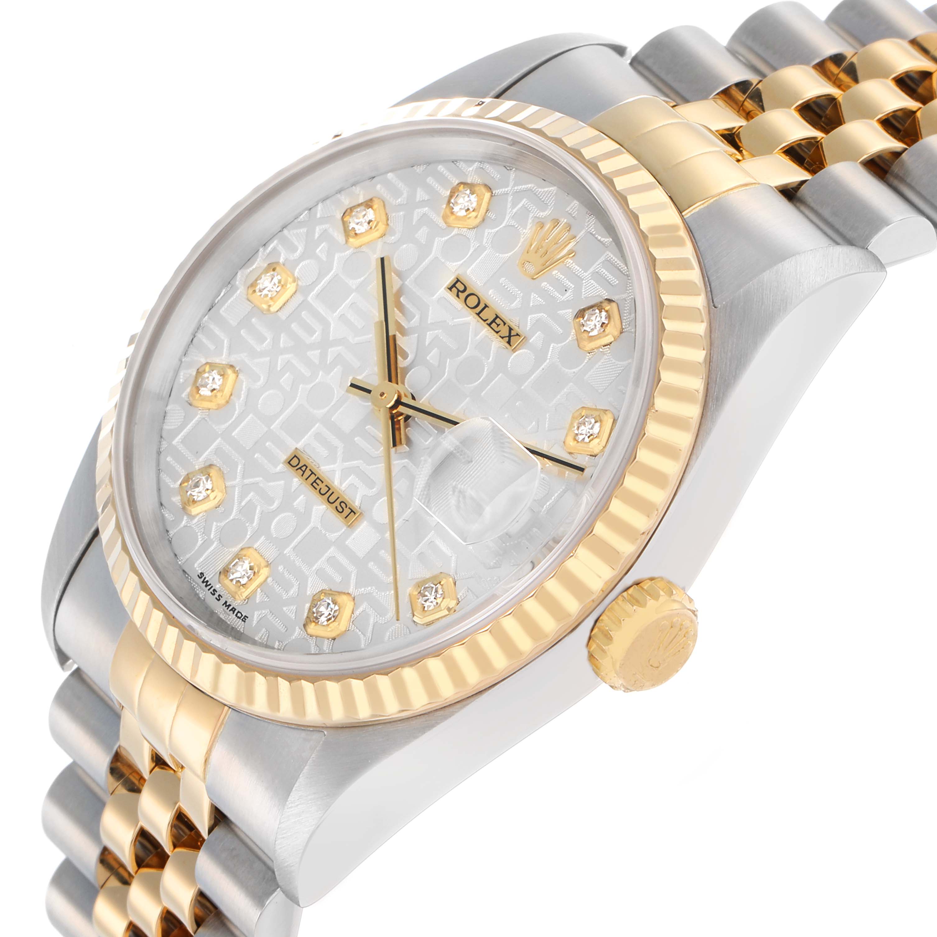 The Rolex Datejust 16233 Men
s Steel and Gold (two tone) Silver Dial watch is shown at a slight angle, highlighting the dial, bezel, crown, and part of the bracelet.