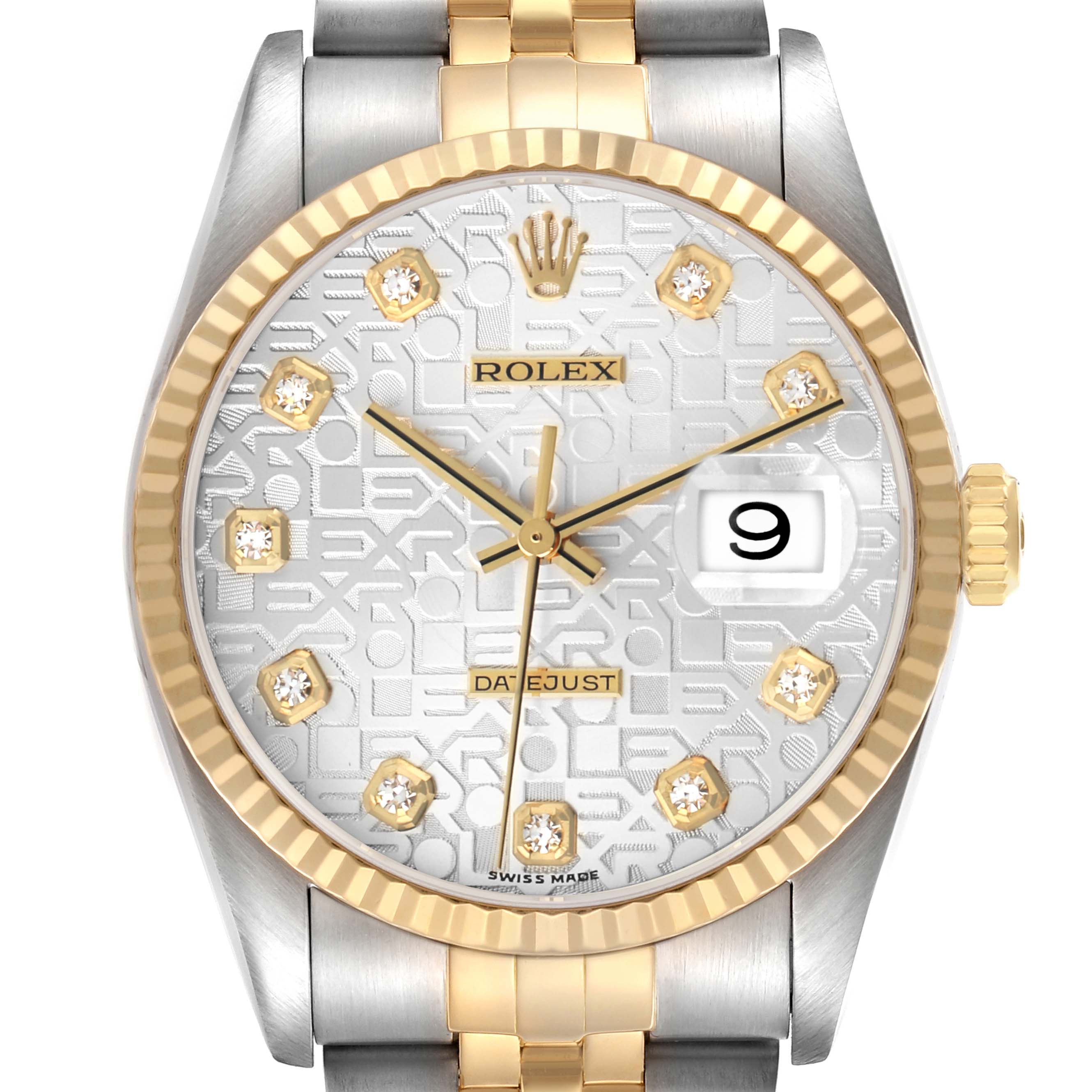 The Rolex Datejust 16233 Men
s Steel and Gold (two tone) Silver Dial watch is shown from the front, highlighting its face, bezel, dial, and part of the bracelet.
