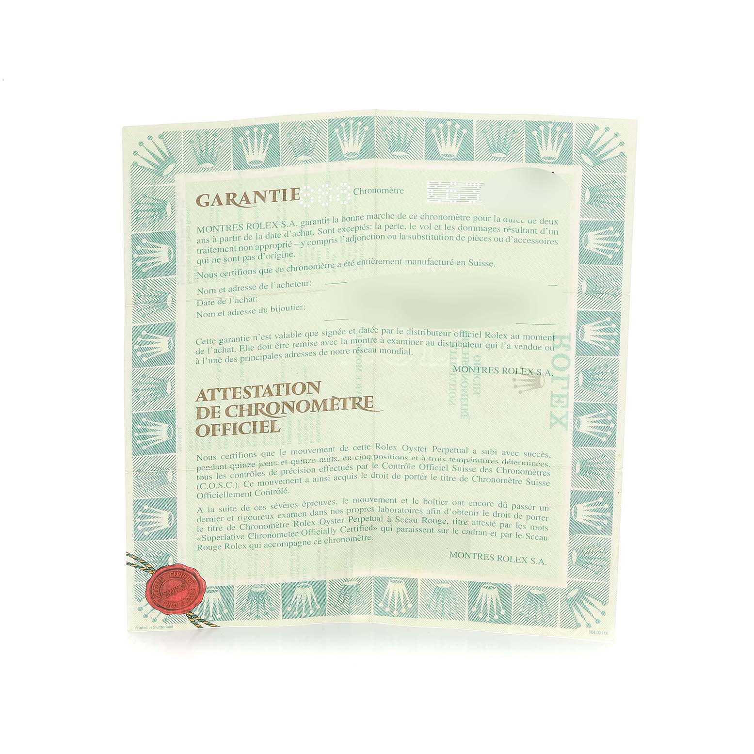 The image shows a warranty certificate for a Rolex Datejust 16233 Men
s Steel and Gold (two tone) Silver Dial watch viewed face-on, with a green patterned border.