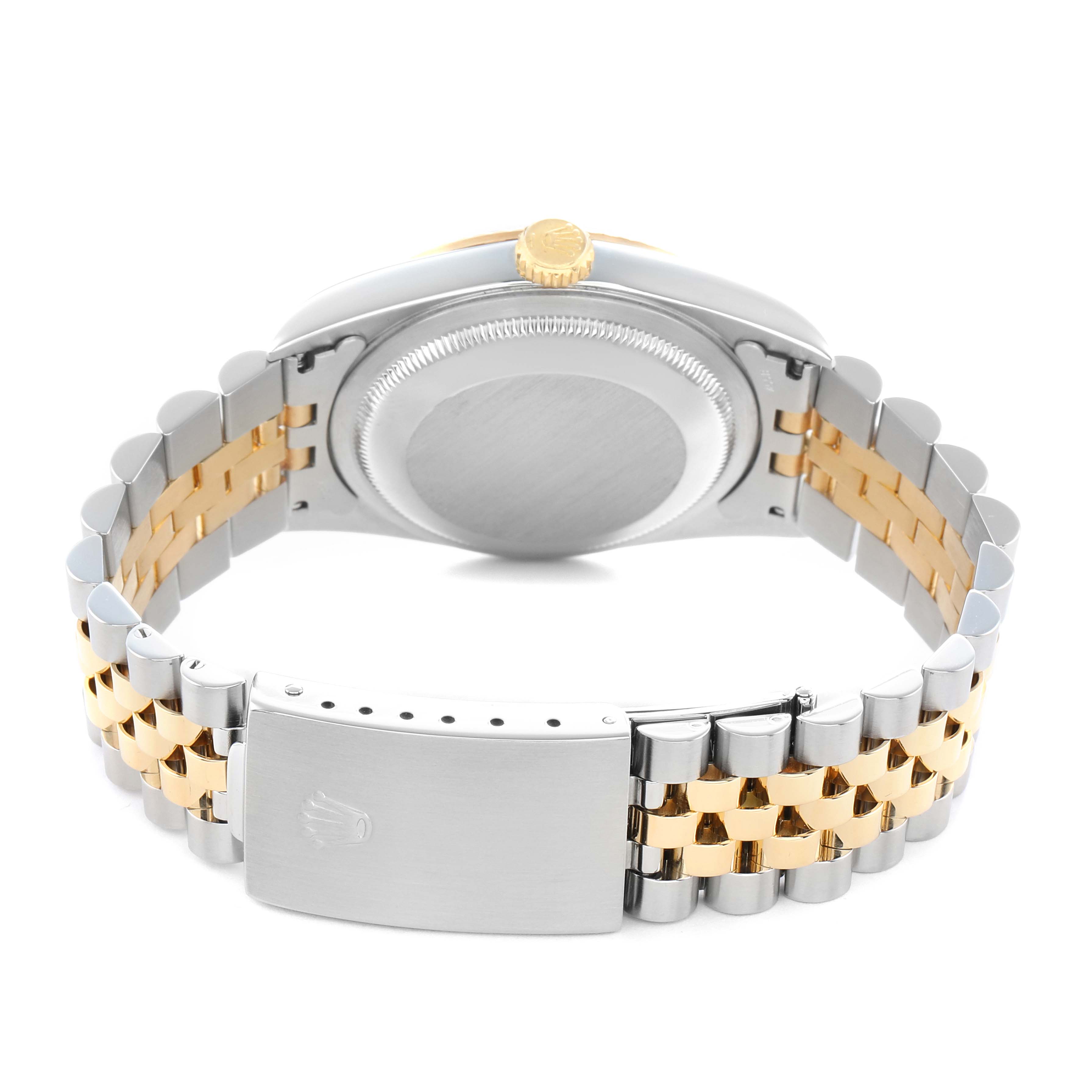 The Rolex Datejust 16233 Men
s Steel and Gold (two tone) Silver Dial watch is shown from the rear, highlighting the bracelet, clasp, and case back.