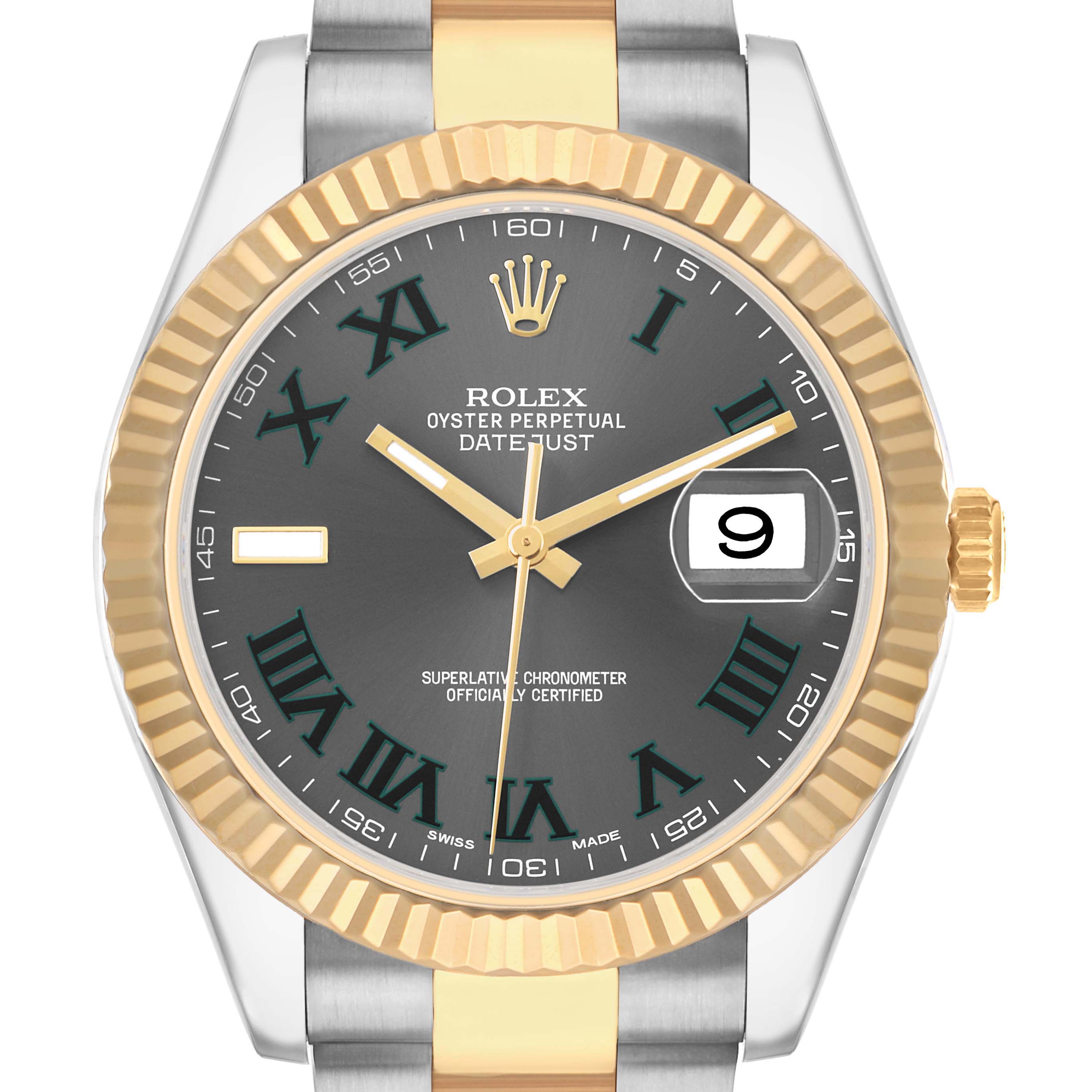 The Rolex Datejust 41 116333 Men
s Steel and Gold (two tone) Grey Dial watch is shown from a front angle, displaying its dial, hands, bezel, and part of the bracelet.