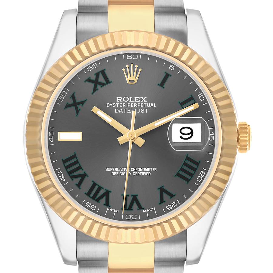 The Rolex Datejust 41 116333 Men's Steel and Gold (two tone) Grey Dial watch is shown from a front angle, displaying its dial, hands, bezel, and part of the bracelet.