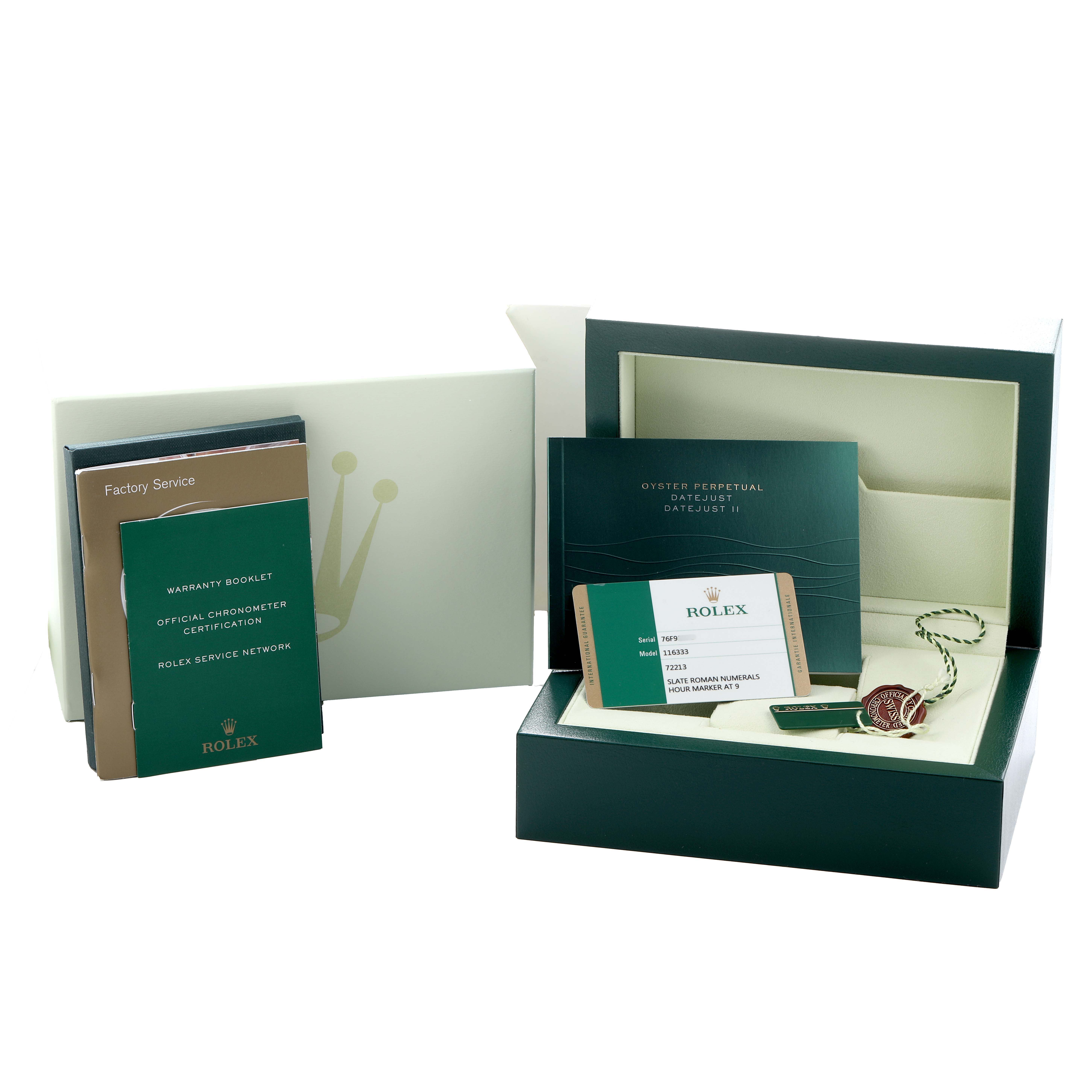 The image shows a Rolex Datejust 41 116333 Men
s Steel and Gold (two tone) Grey Dial packaging with a box, warranty card, booklets, and a tag, all at an angled view.