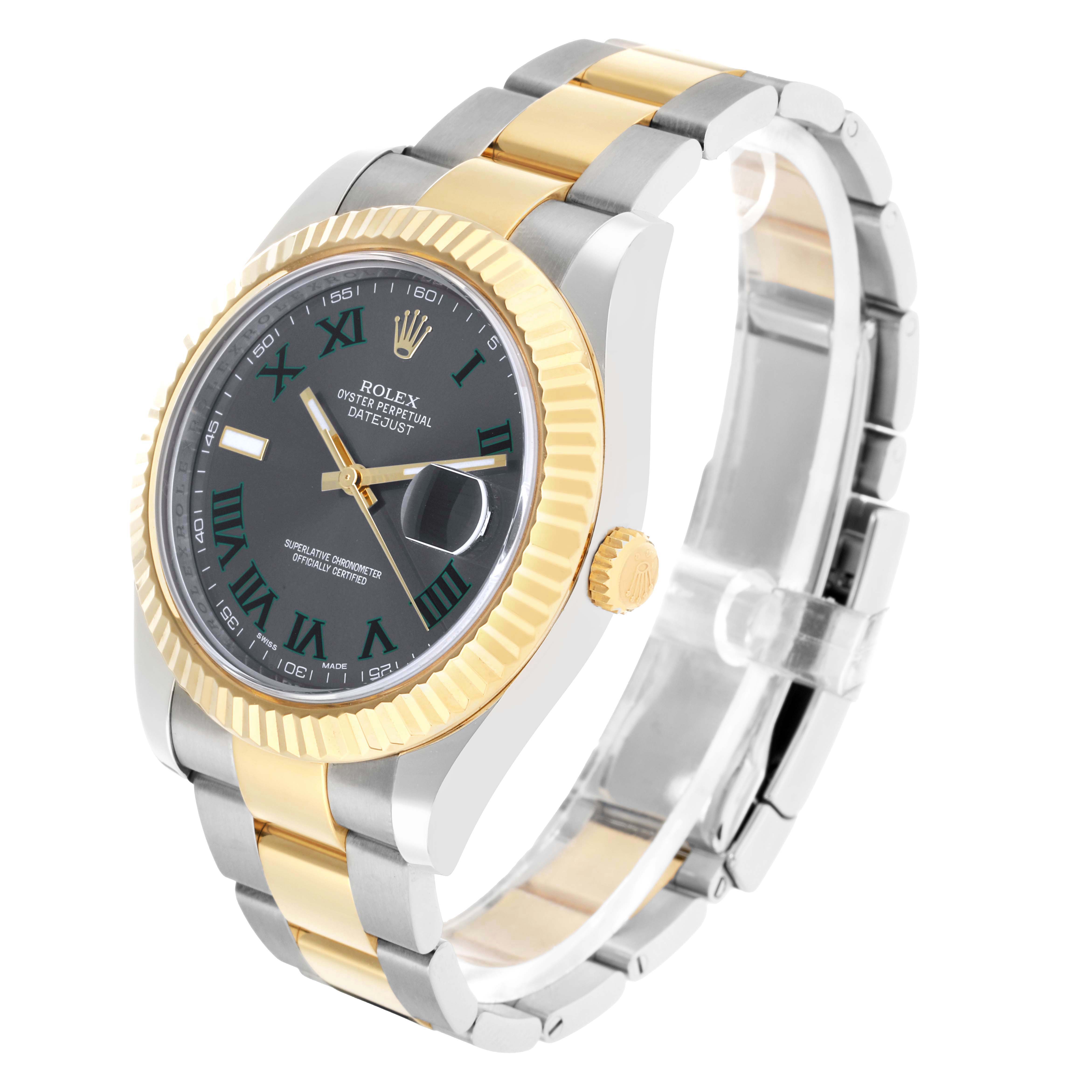 The Rolex Datejust 41 116333 Men
s Steel and Gold (two tone) Grey Dial watch is shown at a three-quarter angle, highlighting the dial, fluted bezel, and two-tone bracelet.