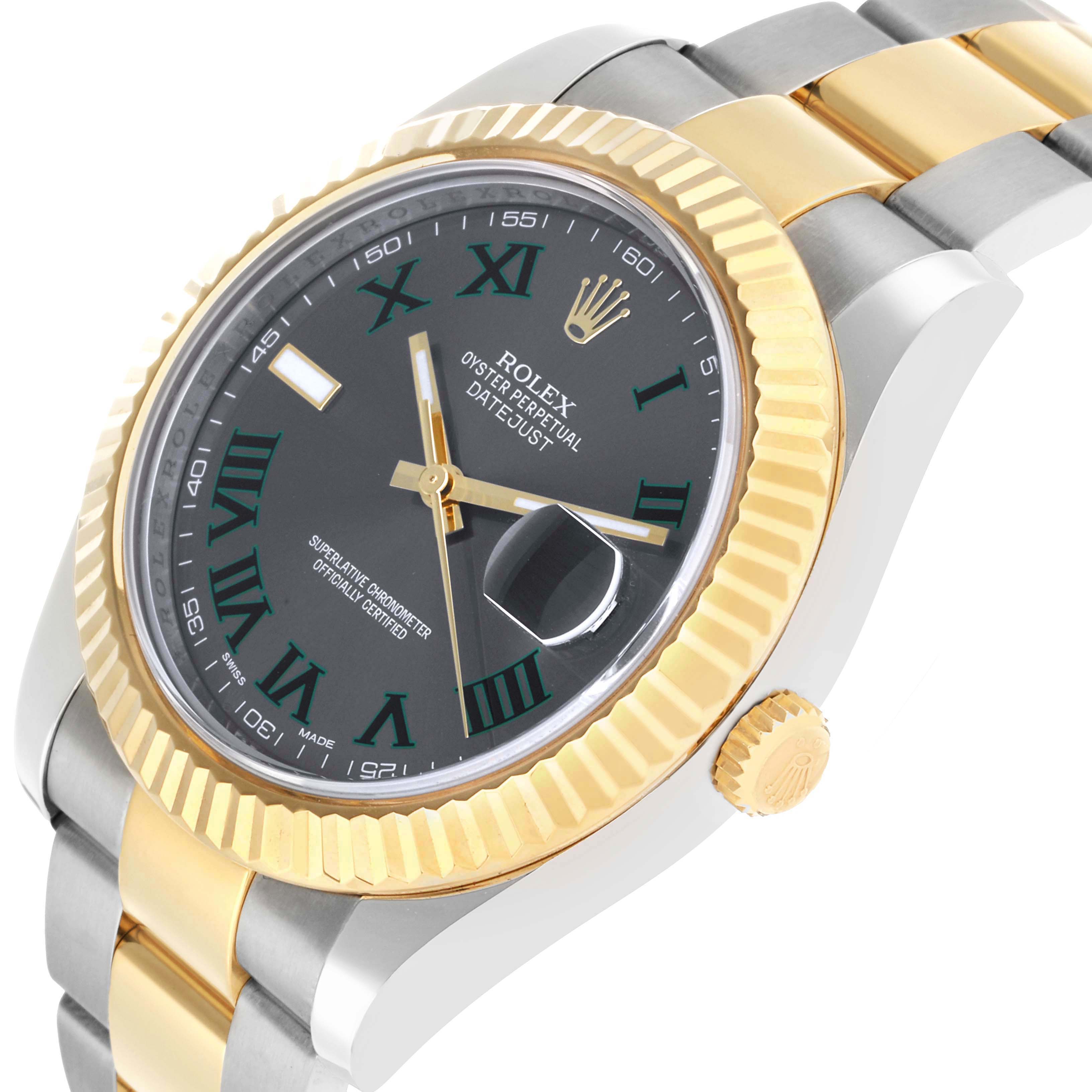 The Rolex Datejust 41 116333 Men
s Steel and Gold (two tone) Grey Dial is shown from an angled side view, highlighting its bezel, crown, and part of the bracelet.