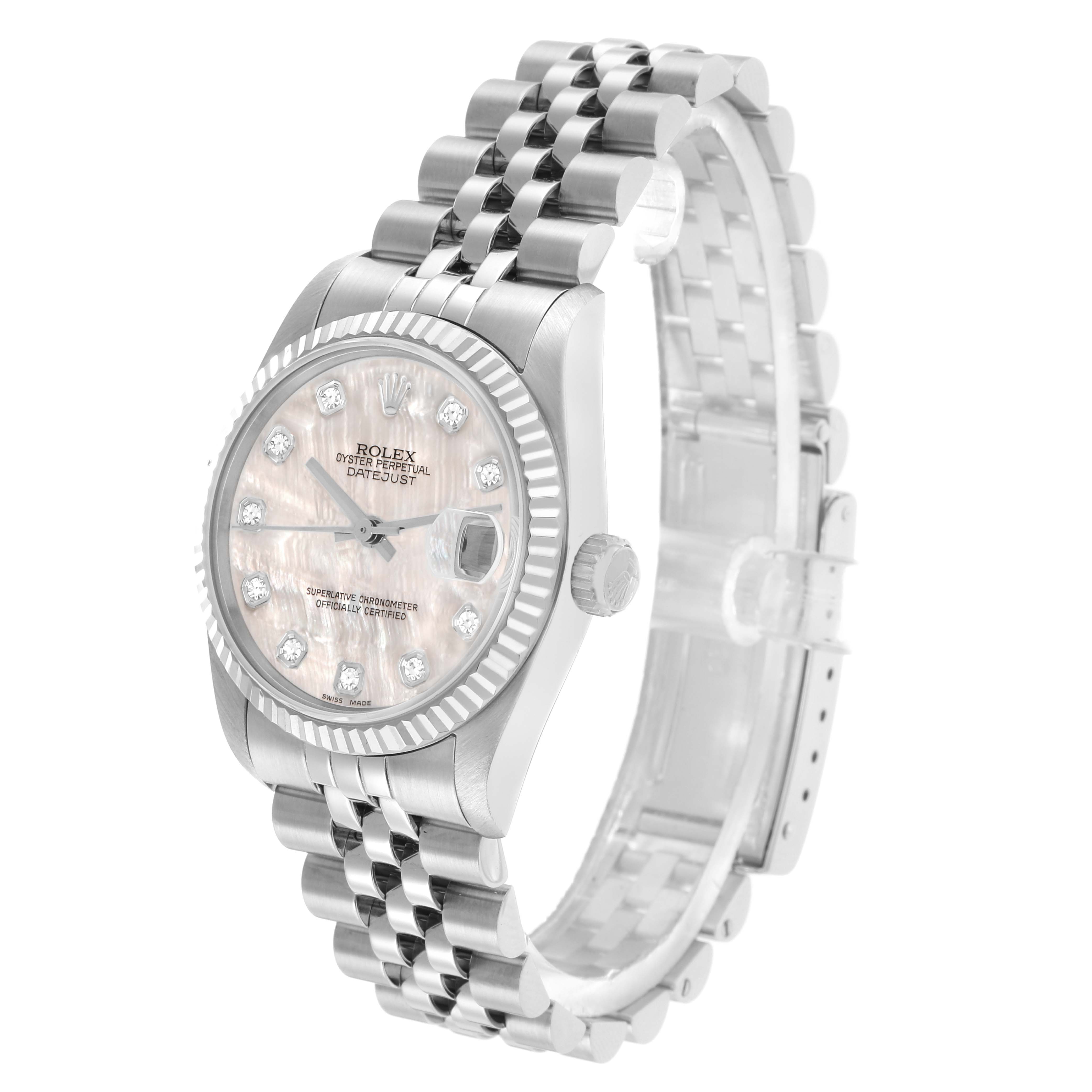 The Rolex Mid-Size 68274 Women's Stainless Steel Mother of Pearl Dial watch is shown at a three-quarter angle, displaying the dial, bezel, crown, and bracelet.