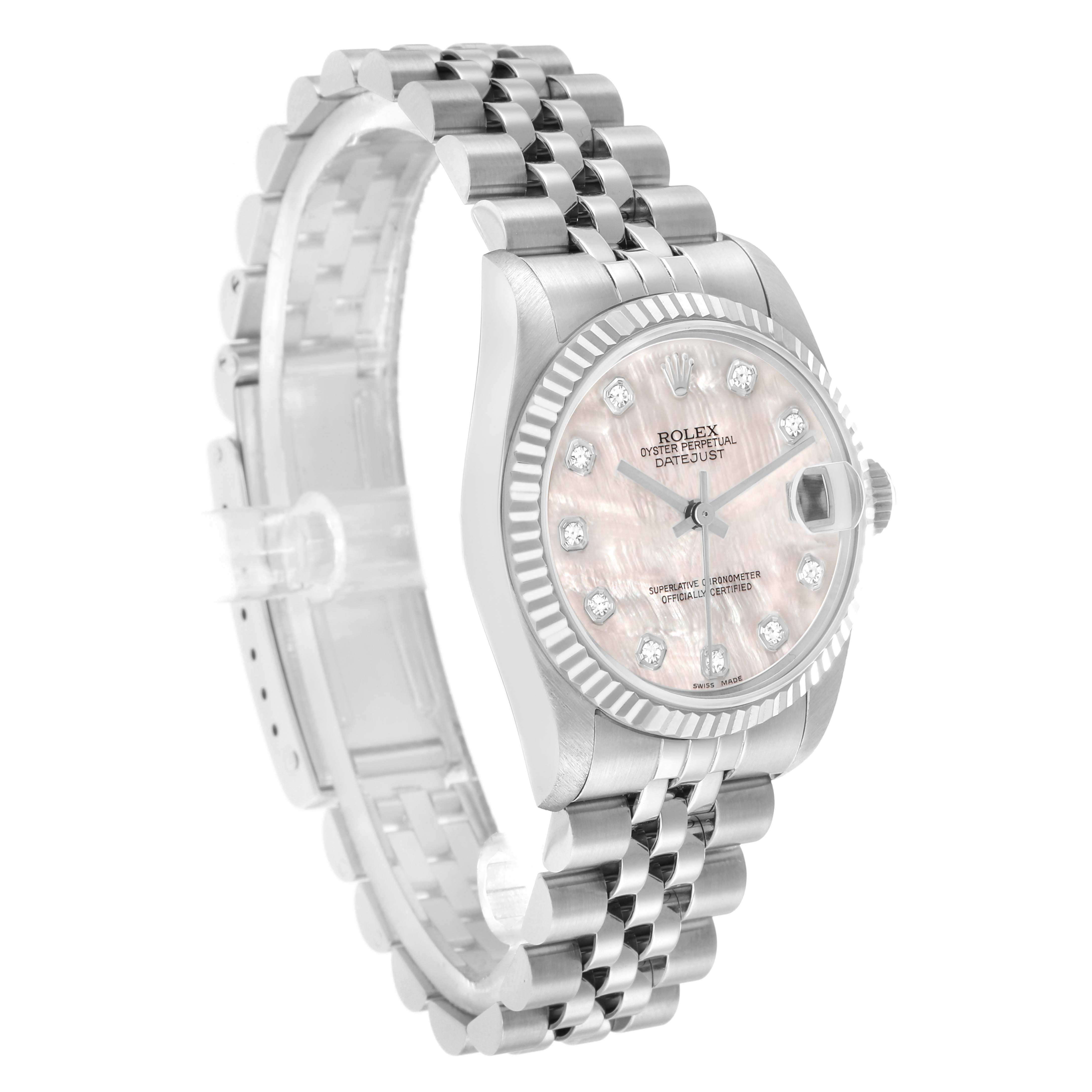 The Rolex Mid-Size 68274 Women's Stainless Steel Mother of Pearl Dial watch is shown at a slight angle, highlighting the face, bezel, and bracelet.