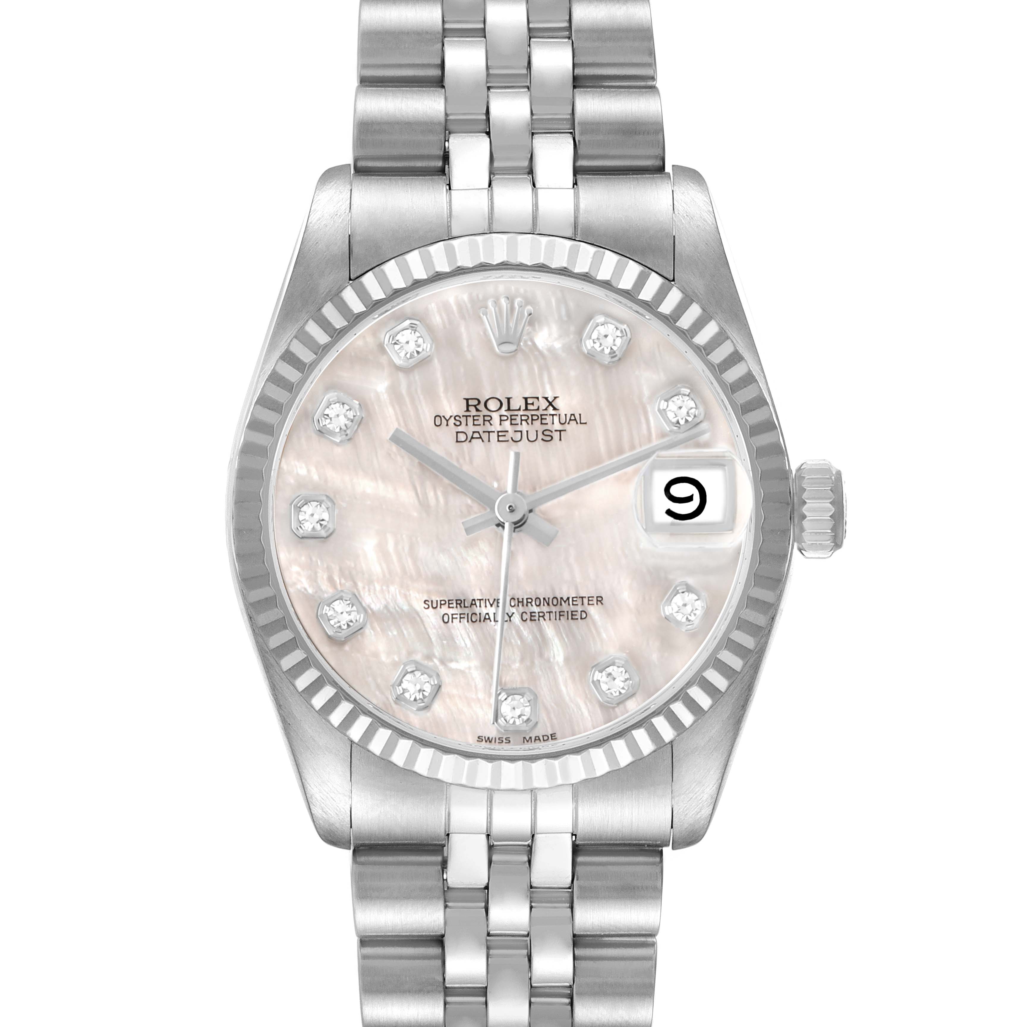 The Rolex Mid-Size 68274 Women's Stainless Steel Mother of Pearl Dial Datejust watch is shown from a front view, displaying its dial, fluted bezel, and bracelet.