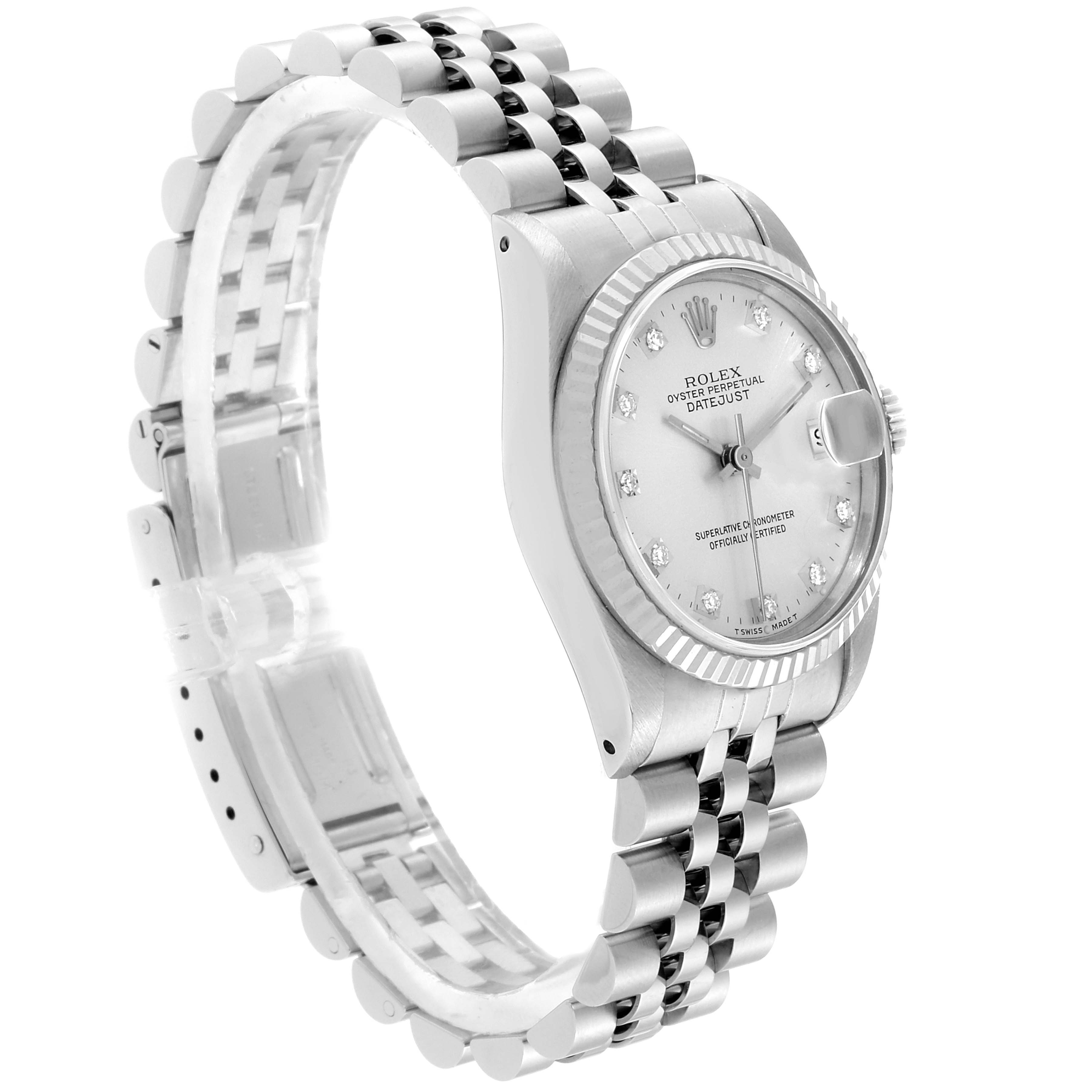 The image shows a side angle of a Rolex Mid-Size 68274 Women's Stainless Steel Silver Dial 68274 Women's Stainless Steel Silver Dial Datejust watch, highlighting the dial, bezel, and bracelet.