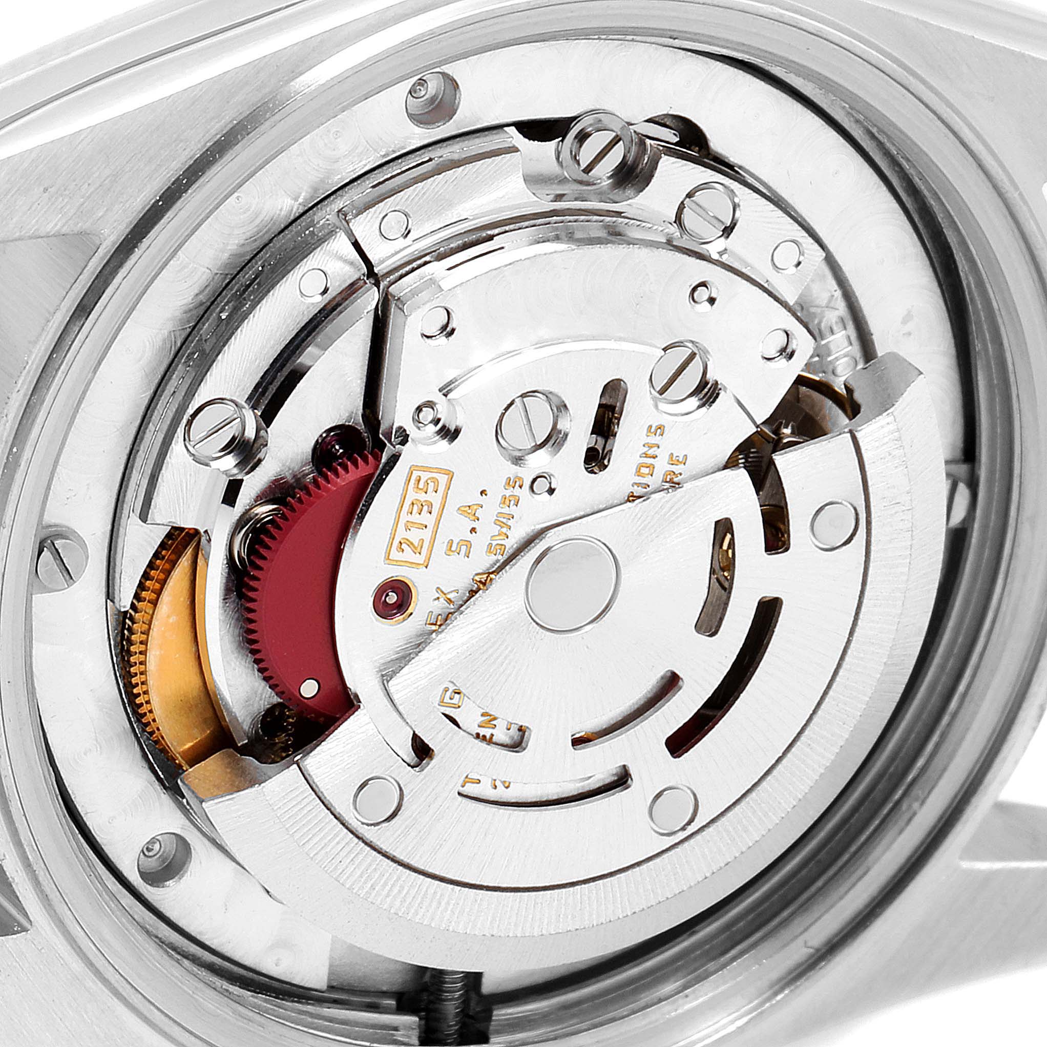 This image shows the intricate internal mechanism of a Rolex Mid-Size 68274 Women's Stainless Steel Silver Dial 68274 Women's Stainless Steel Silver Dial model watch from a back angle.