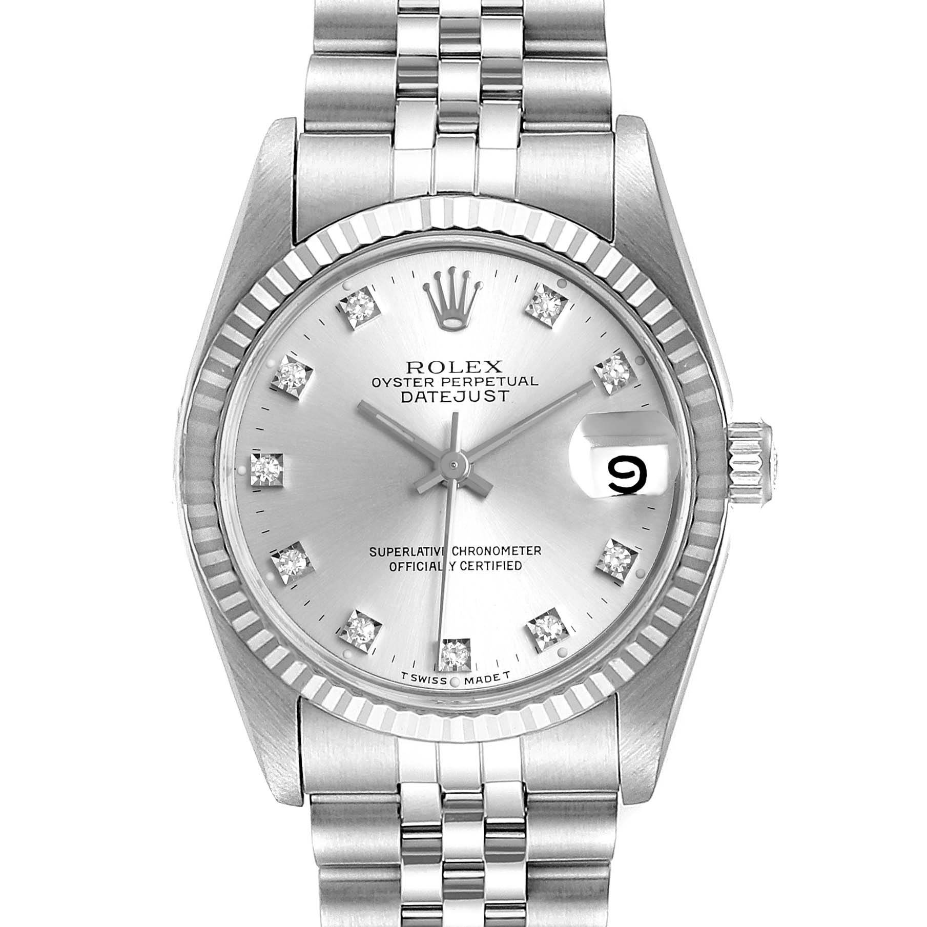 The image shows a frontal view of a Rolex Oyster Perpetual Datejust Mid-Size watch, featuring its silver dial, date window, and bracelet.