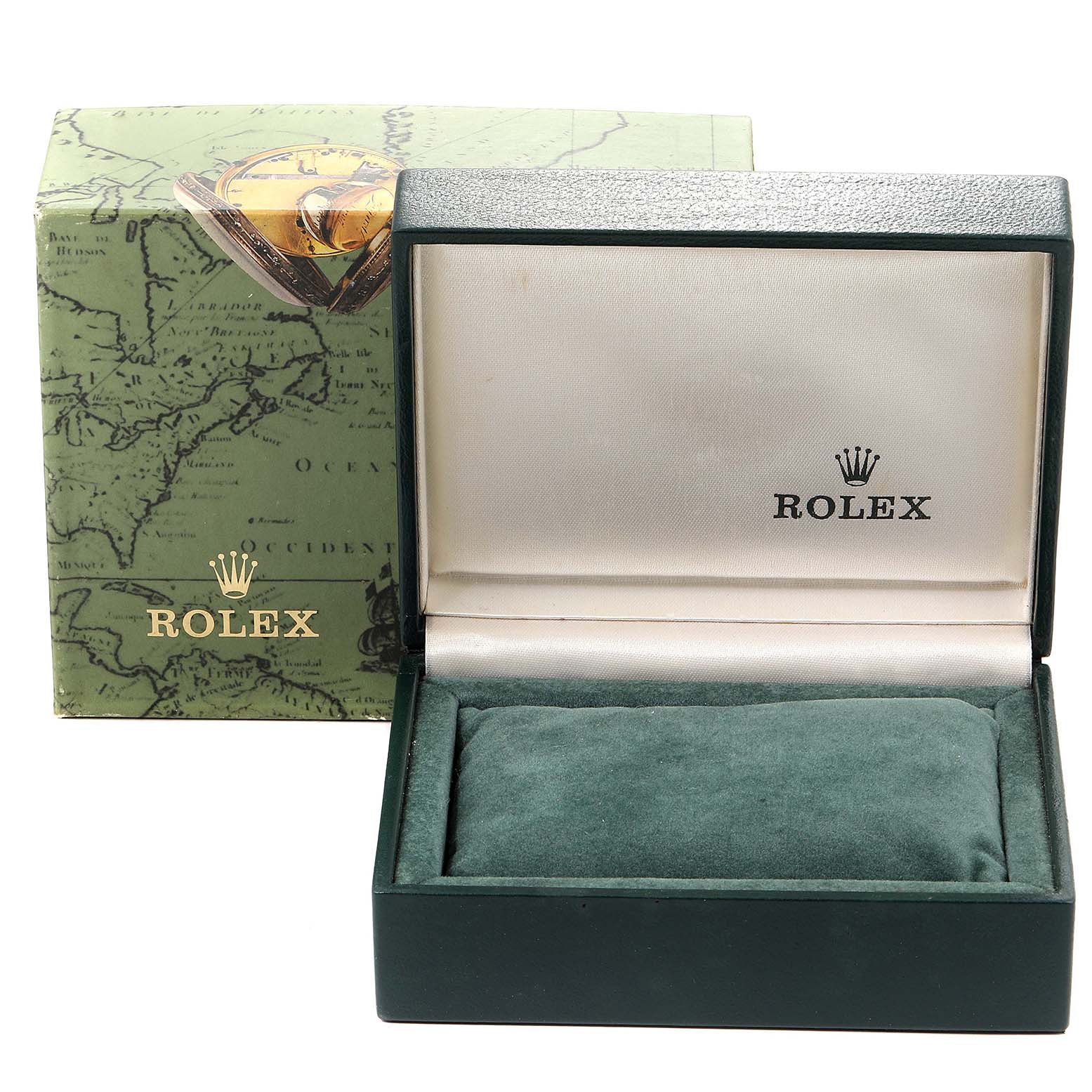 A Rolex Mid-Size 68274 Women's Stainless Steel Silver Dial 68274 Women's Stainless Steel Silver Dial watch box and packaging are shown from a front angle, displaying the opened case and outer box.
