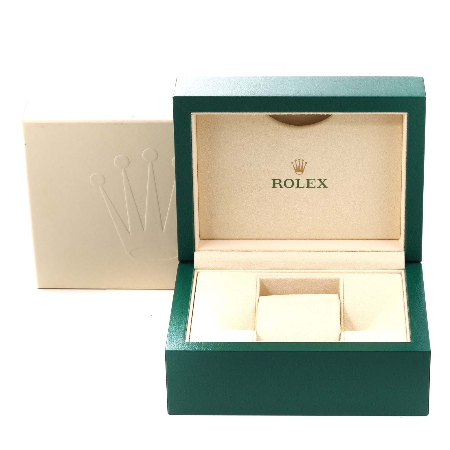 The image shows an open Rolex watch box for a Mid-Size model, revealing its beige interior and green exterior.