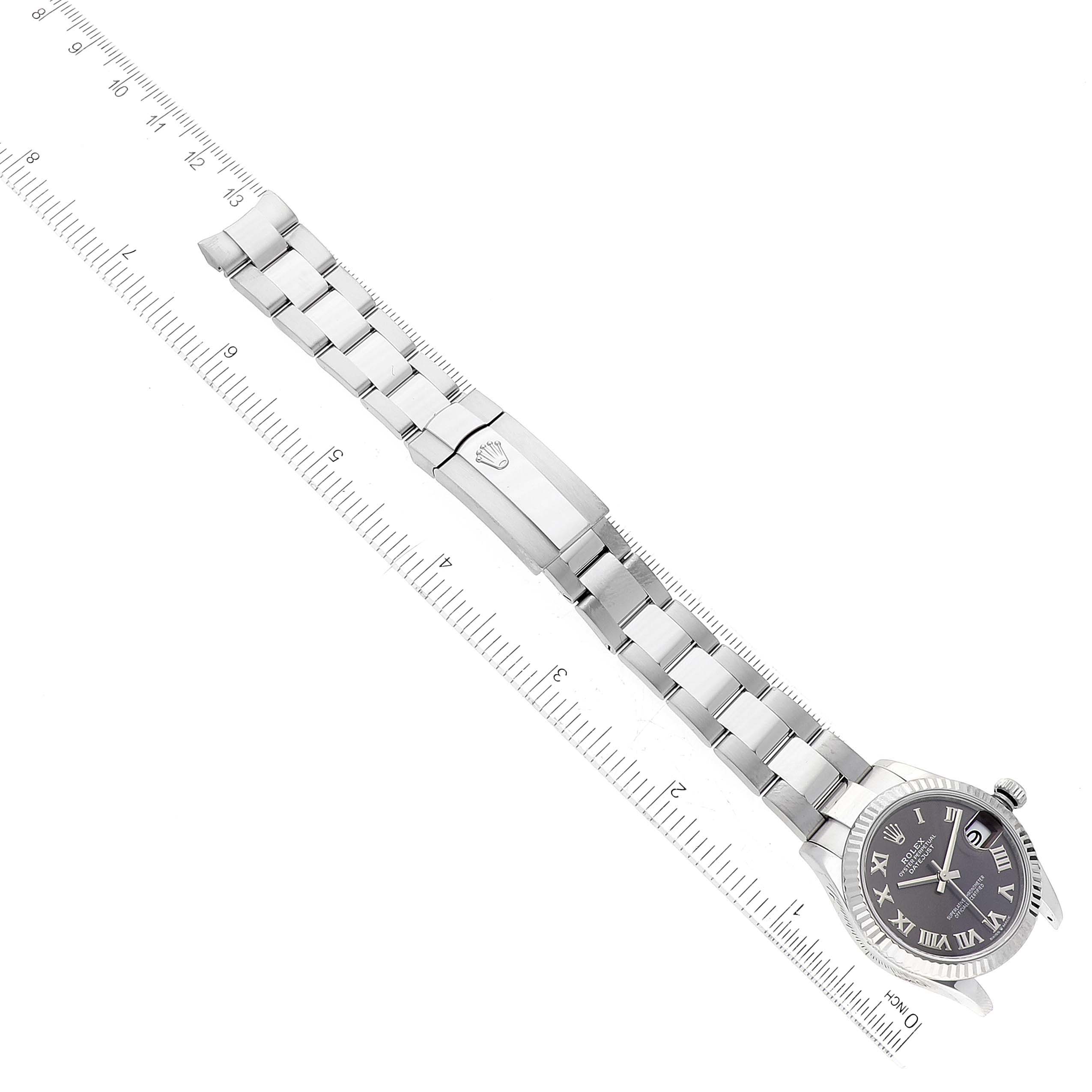 The image shows a top-down view of a Rolex Mid-Size 278274 Women's Stainless Steel Grey Dial 278274 Women's Stainless Steel Grey Dial model watch with its face, bracelet, and clasp visible.