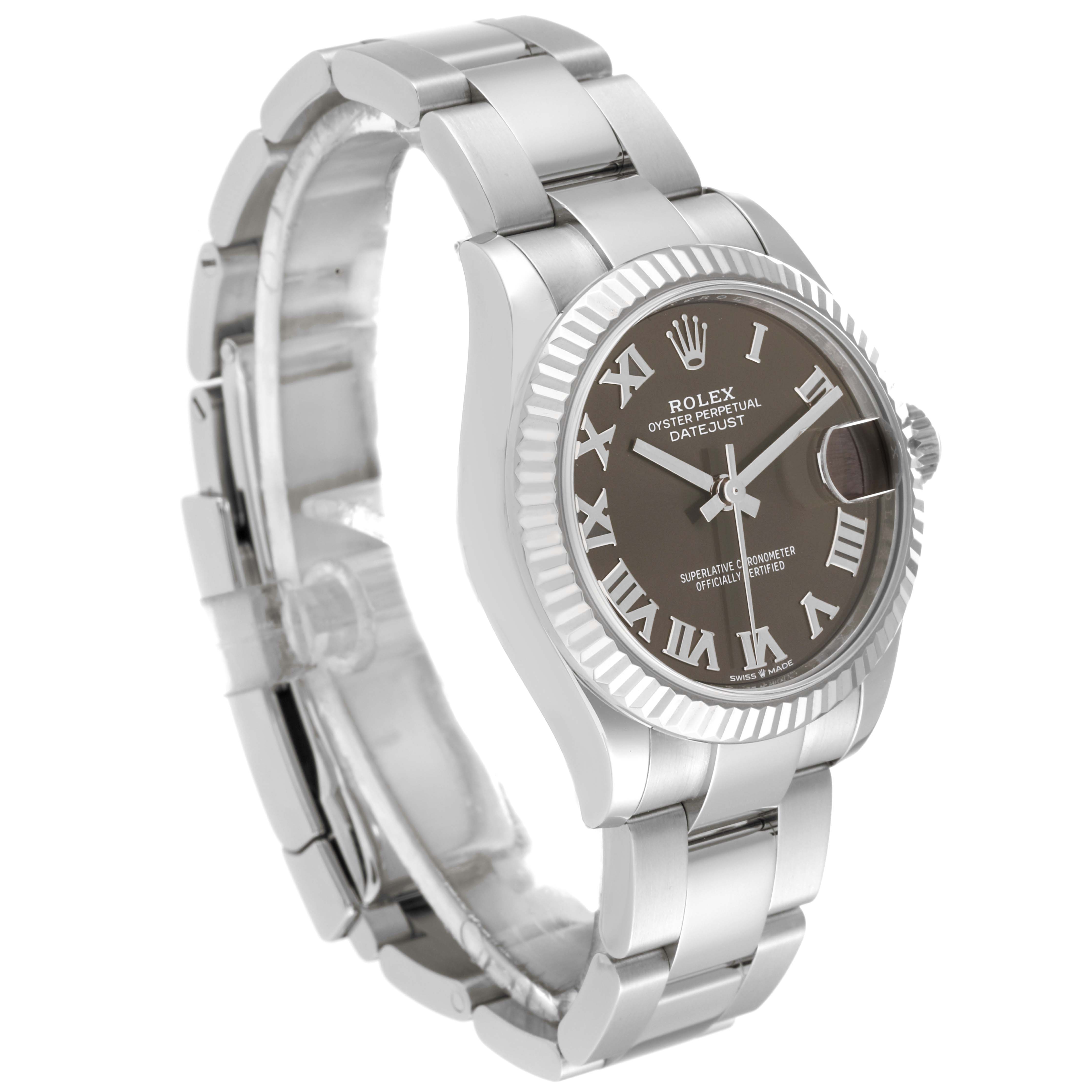 The image shows a side angle of the Rolex Mid-Size 278274 Women's Stainless Steel Grey Dial 278274 Women's Stainless Steel Grey Dial Datejust watch, highlighting the dial, bezel, bracelet, and crown.