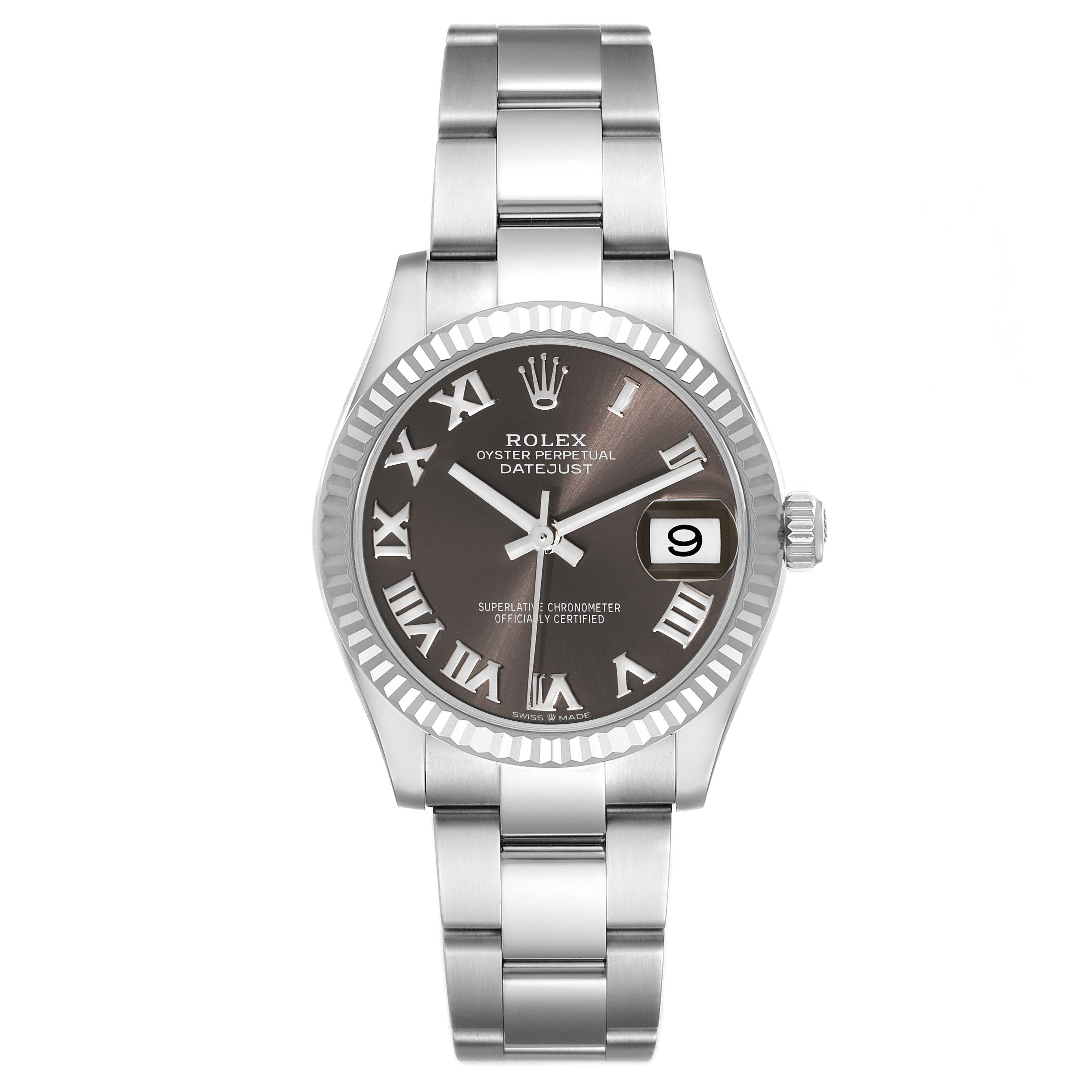 The image shows a frontal view of a Rolex Oyster Perpetual Datejust Mid-Size watch, displaying the case, dial, hands, date window, and bracelet.