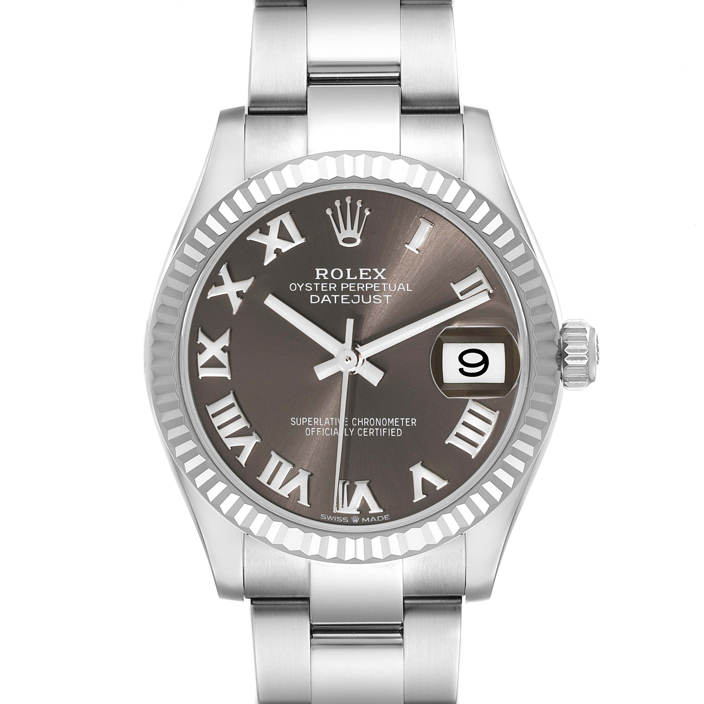 The Rolex Mid-Size 278274 Women's Stainless Steel Grey Dial 278274 Women's Stainless Steel Grey Dial Oyster Perpetual Datejust watch is shown from a front angle, displaying the dial, bezel, crown, and bracelet.