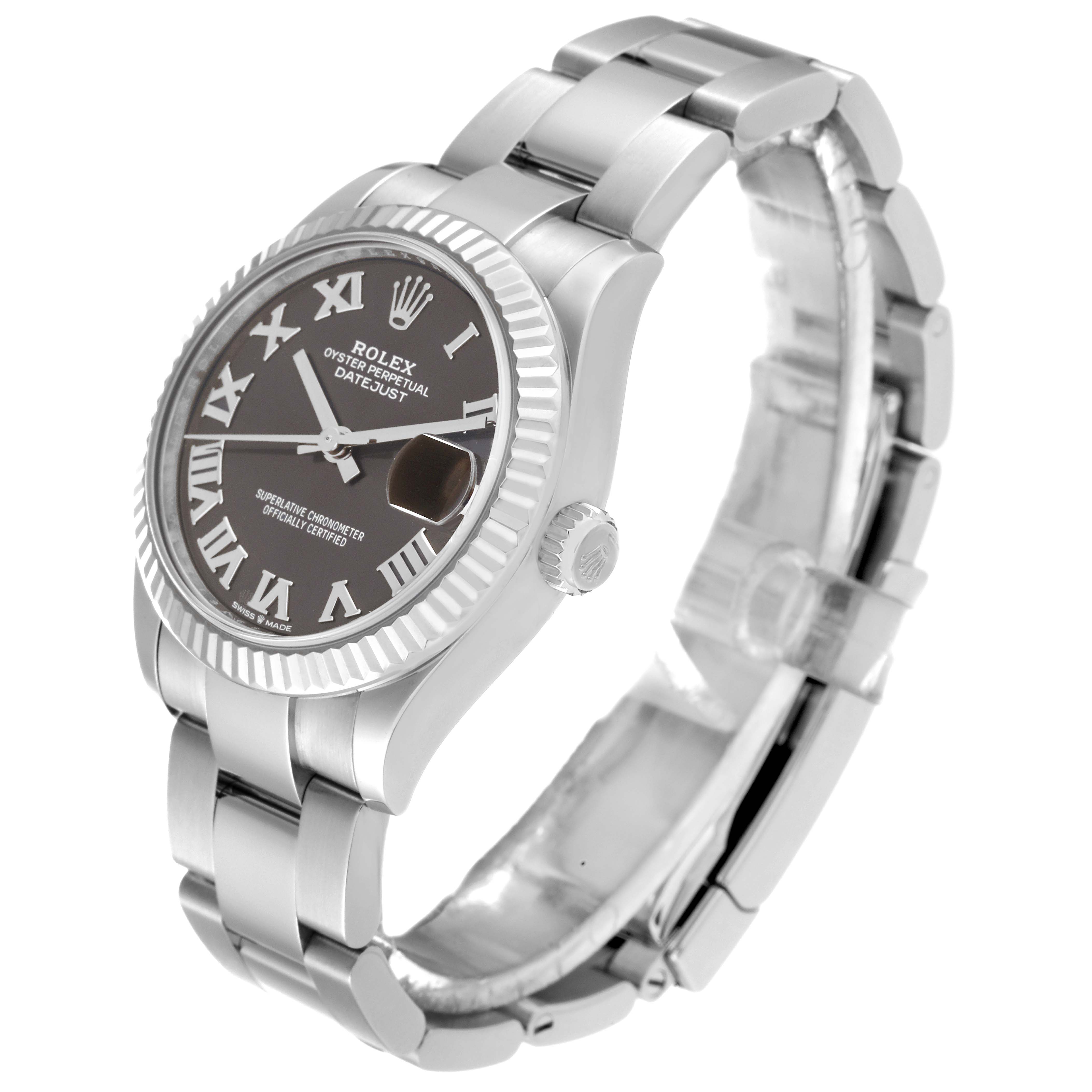The image shows a side perspective of the Rolex Mid-Size 278274 Women's Stainless Steel Grey Dial 278274 Women's Stainless Steel Grey Dial model, highlighting its bracelet, case, crown, and dial.