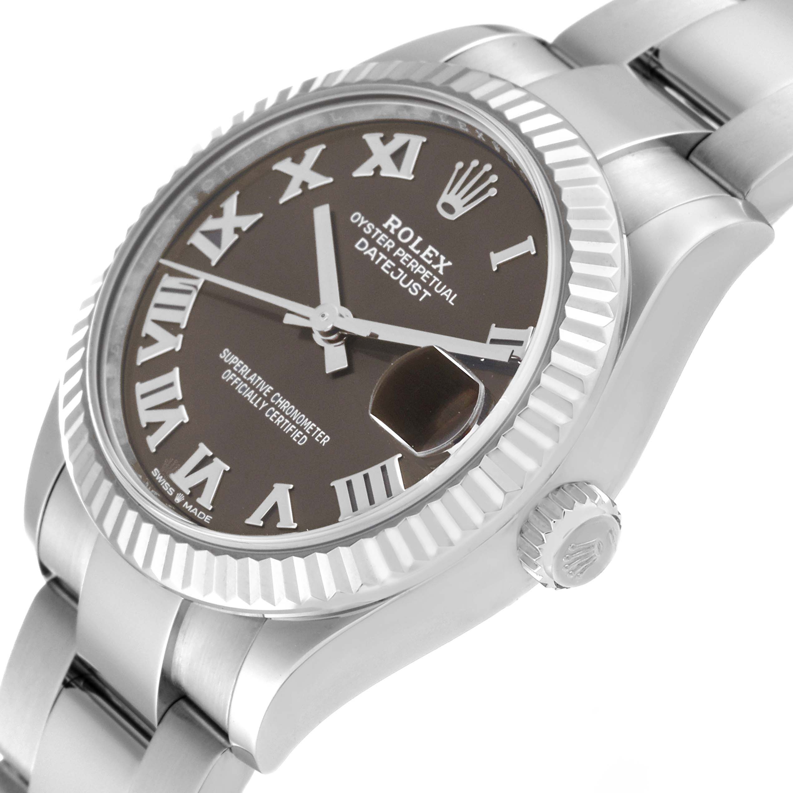The Rolex Mid-Size 278274 Women's Stainless Steel Grey Dial 278274 Women's Stainless Steel Grey Dial Oyster Perpetual Datejust watch is shown at an angled view, highlighting the dial, fluted bezel, and part of the bracelet.
