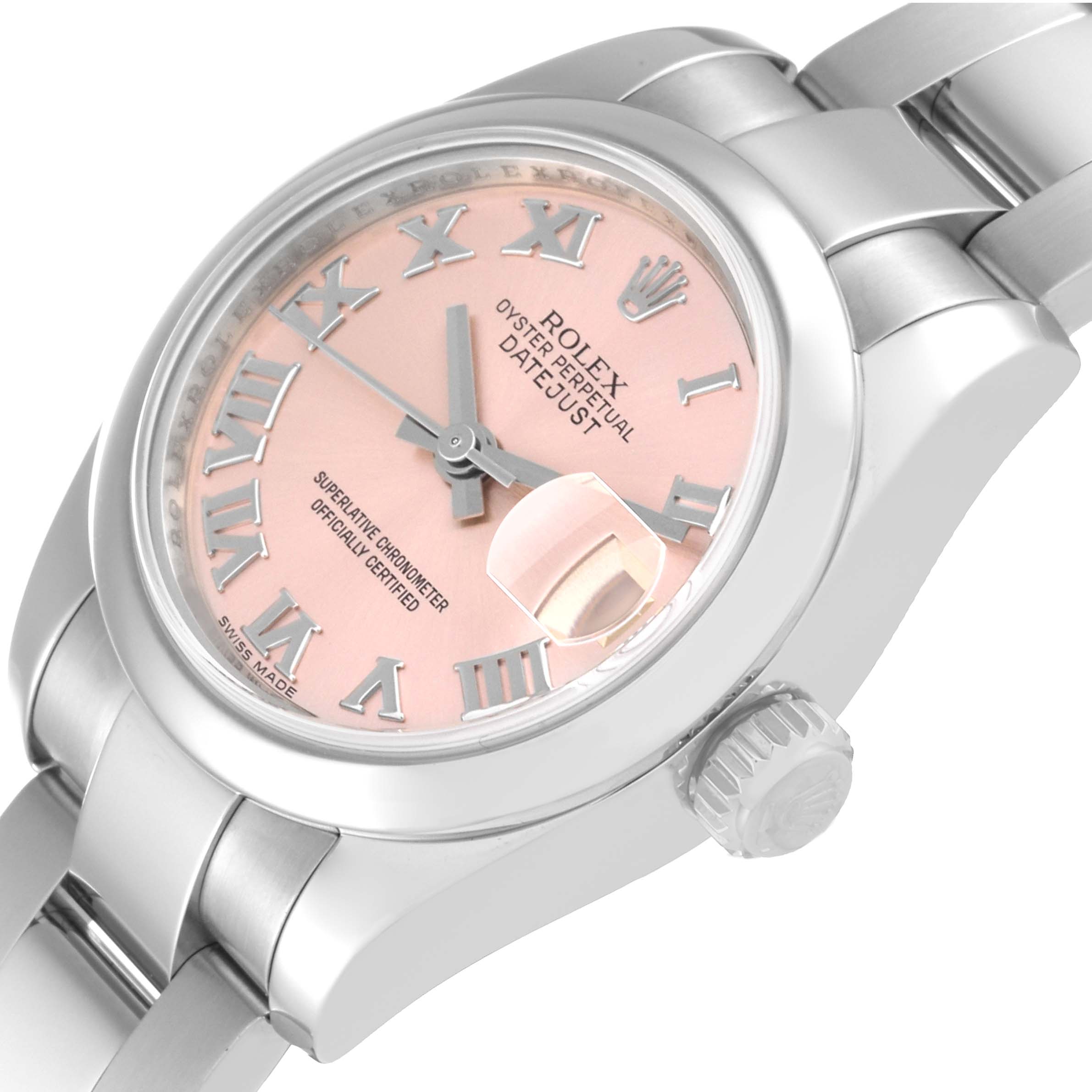 This image shows a close-up angled view of a Rolex Datejust 179160 Women's Stainless Steel Pink Dial 179160 Women's Stainless Steel Pink Dial watch, focusing on the dial, crown, and part of the bracelet.