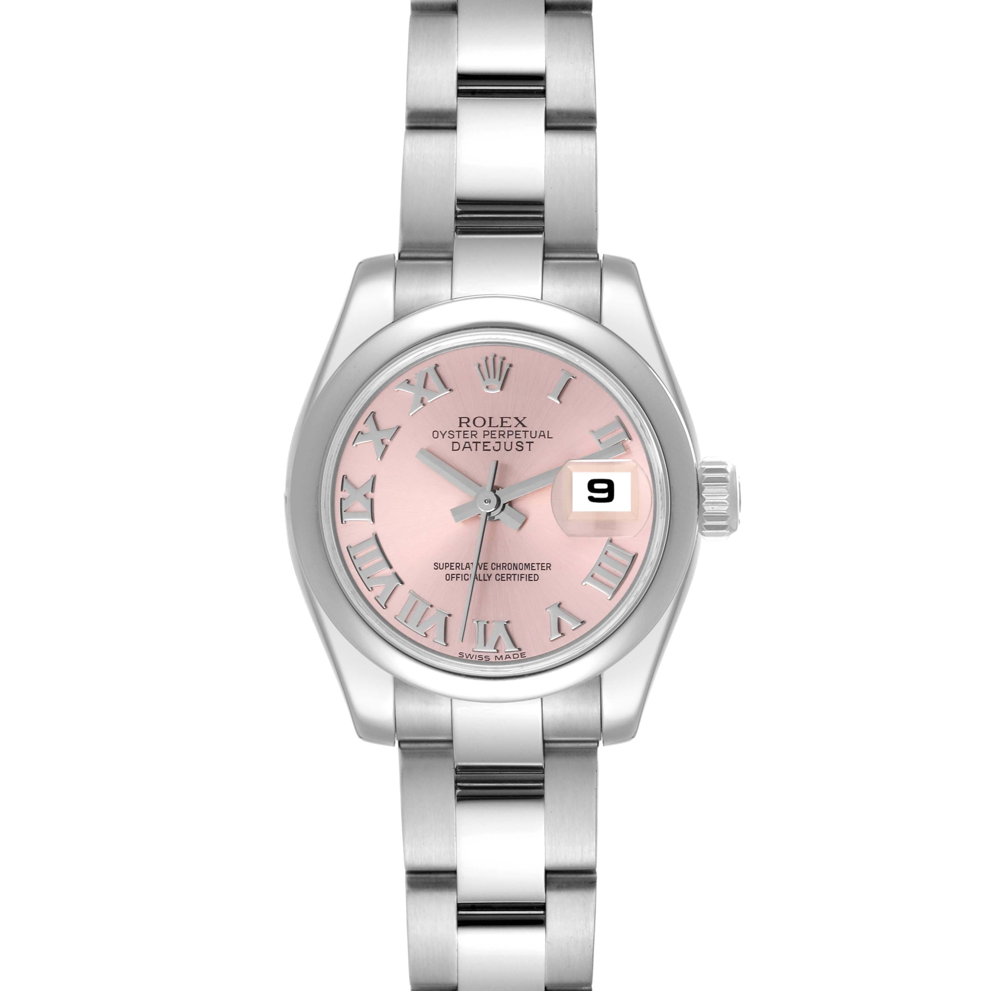 The image shows a front view of a Rolex Datejust 179160 Women's Stainless Steel Pink Dial 179160 Women's Stainless Steel Pink Dial watch, including the watch face, bezel, and part of the bracelet.