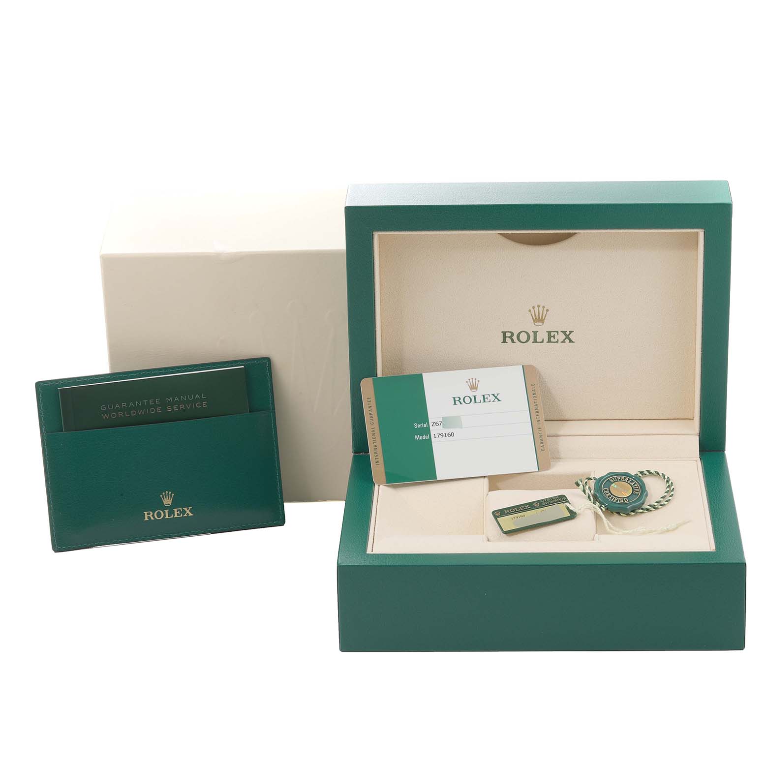 The image shows the packaging, guarantee manual, and authenticity card for a Rolex Datejust 179160 Women's Stainless Steel Pink Dial 179160 Women's Stainless Steel Pink Dial watch.