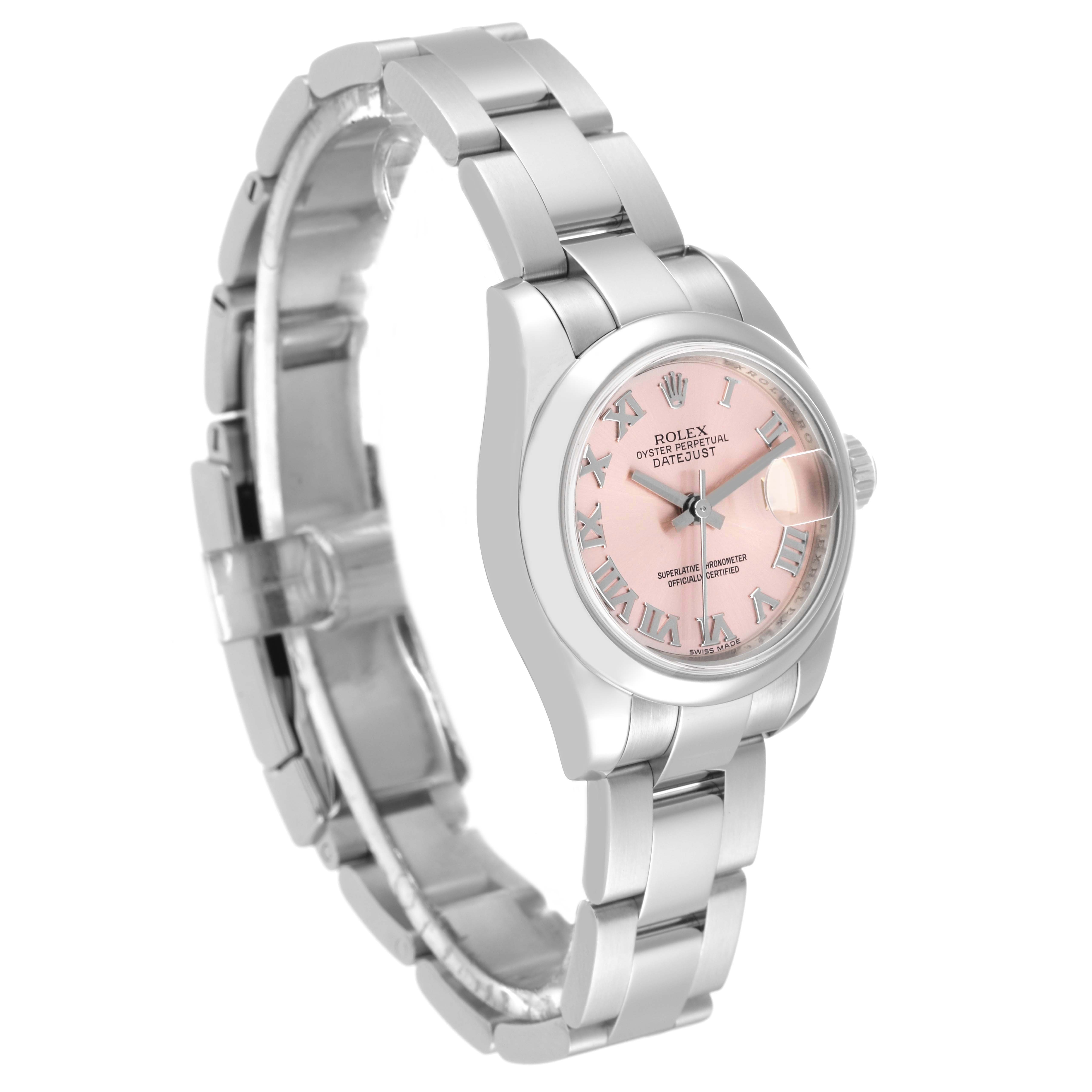 The image shows a Rolex Datejust 179160 Women's Stainless Steel Pink Dial 179160 Women's Stainless Steel Pink Dial watch from a front angle, highlighting its pink dial, hour markers, and metal bracelet.