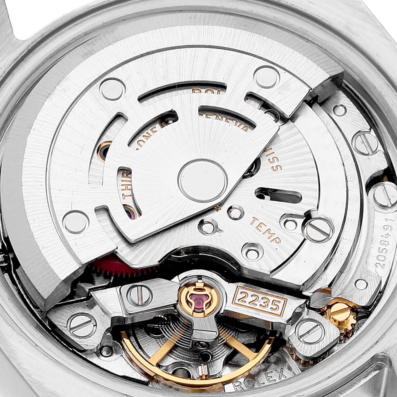 This close-up image shows the intricate movement mechanism of the Rolex Datejust 179160 Women's Stainless Steel Pink Dial 179160 Women's Stainless Steel Pink Dial watch.