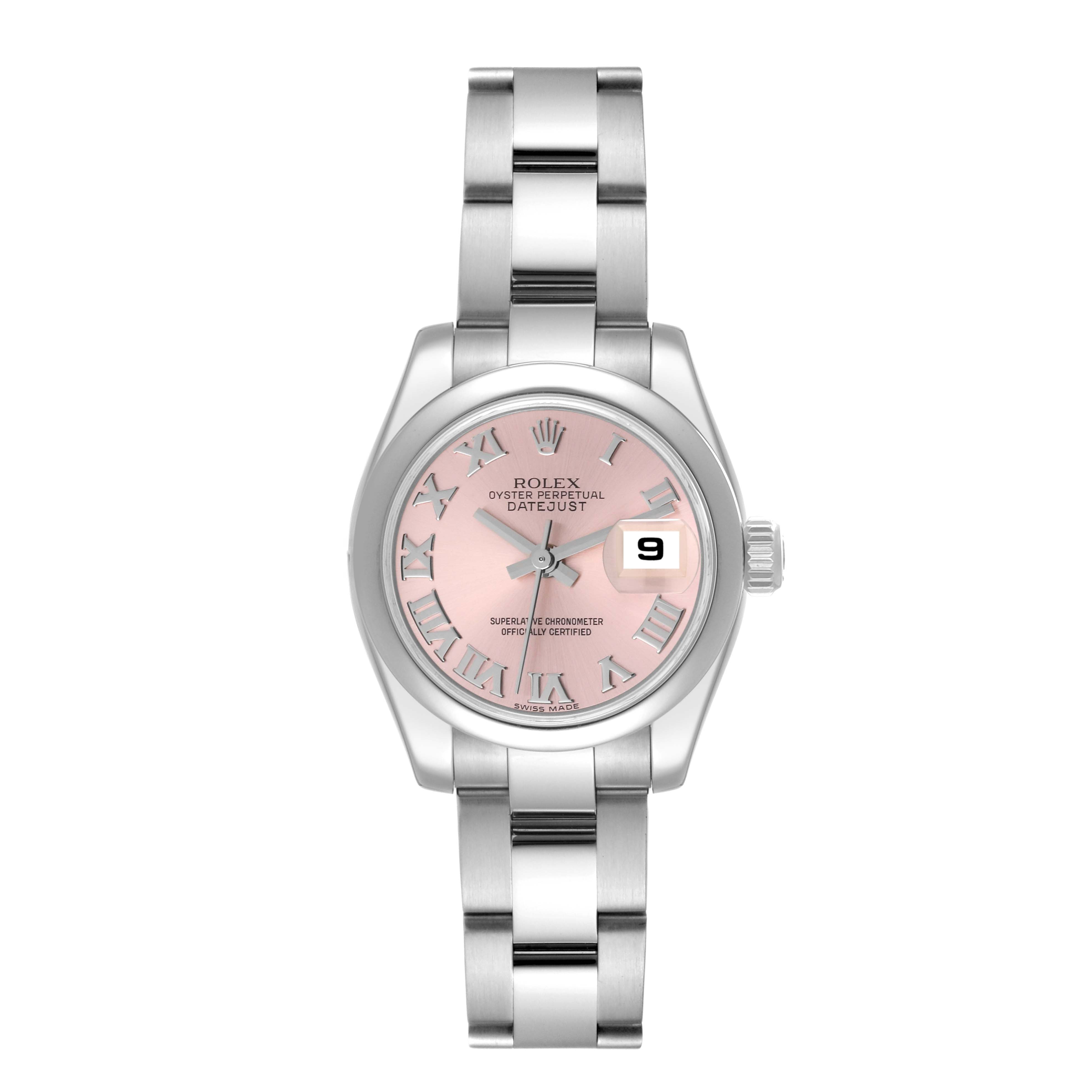 This image shows a frontal view of a Rolex Datejust 179160 Women's Stainless Steel Pink Dial 179160 Women's Stainless Steel Pink Dial watch with a pink dial and silver bracelet.