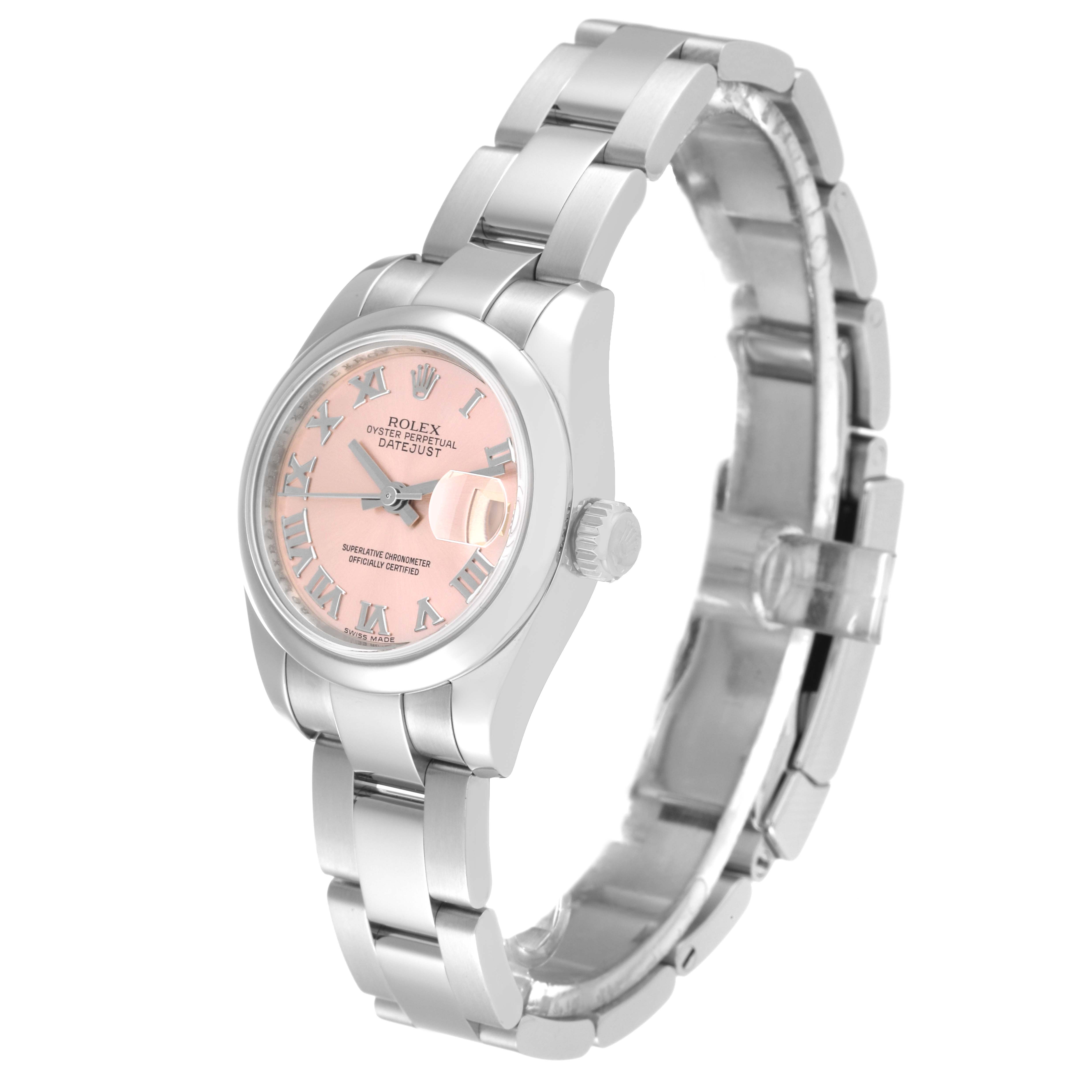 The image shows a Rolex Datejust 179160 Women's Stainless Steel Pink Dial 179160 Women's Stainless Steel Pink Dial watch at a three-quarter angle, highlighting the pink dial, Roman numerals, and stainless steel bracelet.