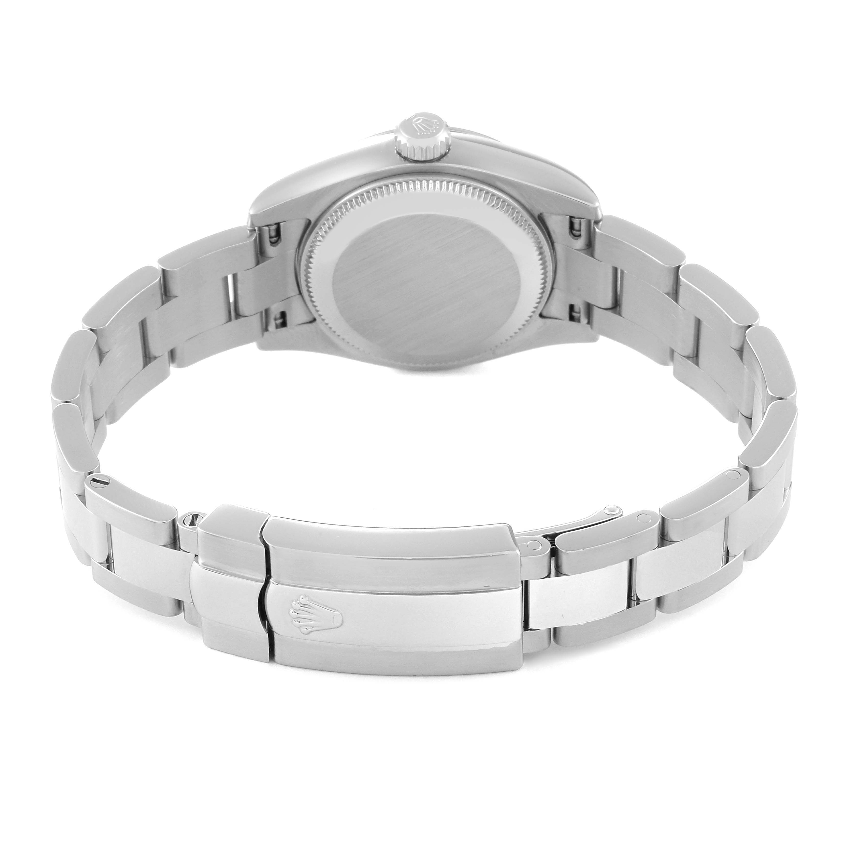 The image shows the back view of the Rolex Datejust 179160 Women's Stainless Steel Pink Dial 179160 Women's Stainless Steel Pink Dial with its clasp and bracelet visible.