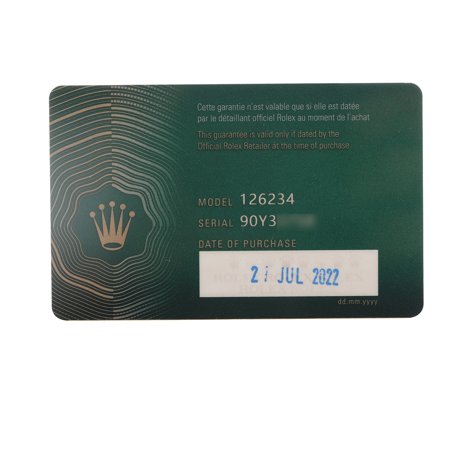 This image shows a Rolex Datejust 126234 Men's Stainless Steel Blue Dial model guarantee card with model and serial number details.