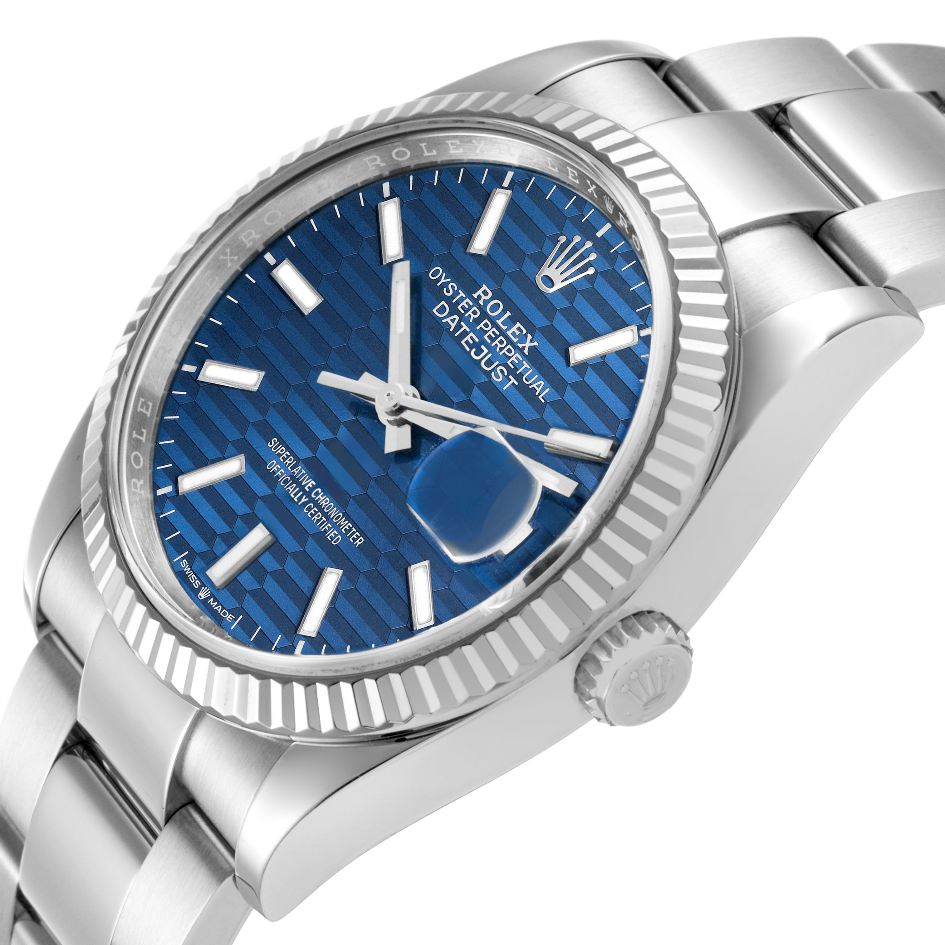 The Rolex Datejust 126234 Men's Stainless Steel Blue Dial watch is shown at an angled close-up, displaying the dial, fluted bezel, crown, and part of the bracelet.