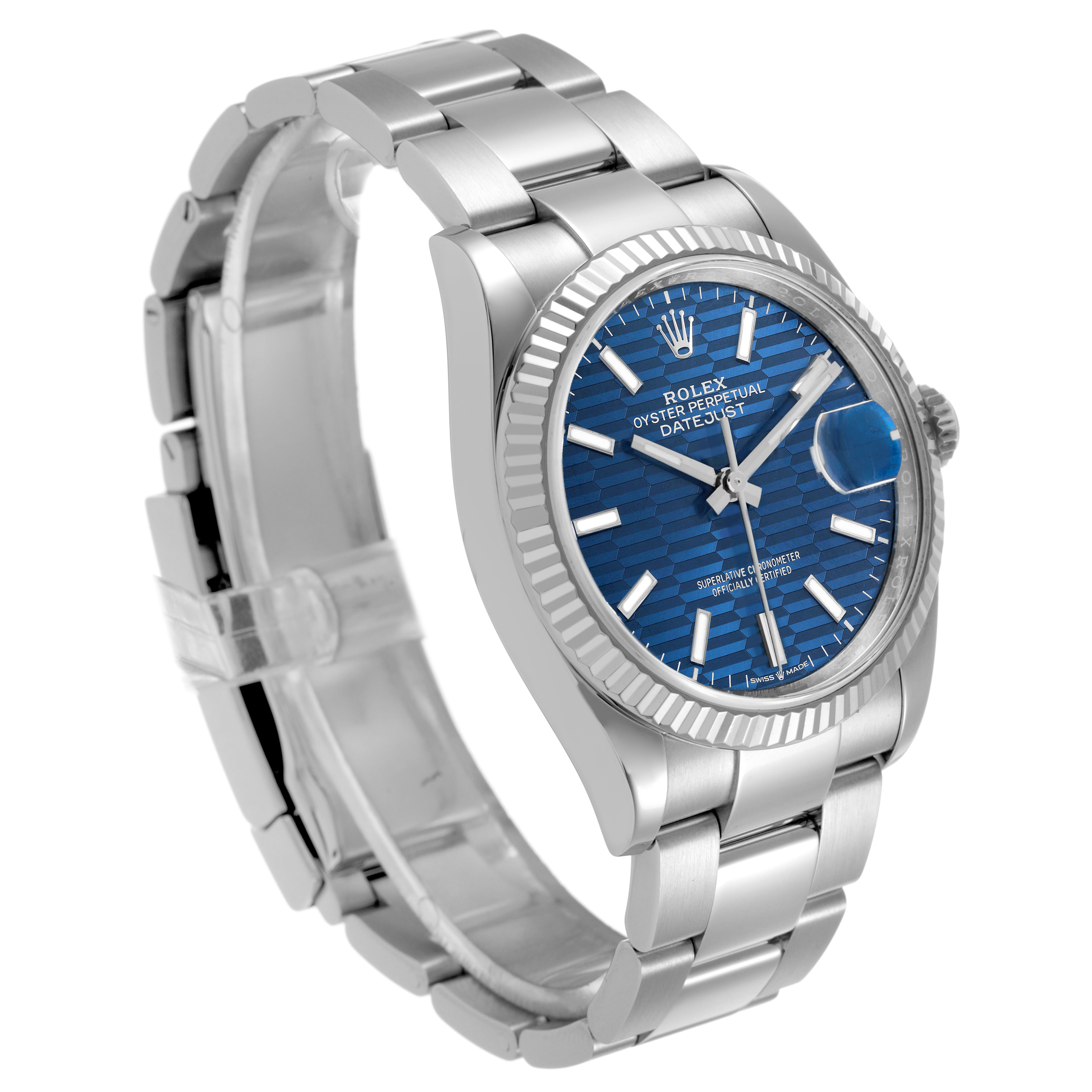 The Rolex Datejust 126234 Men's Stainless Steel Blue Dial watch is shown at a three-quarter angle, highlighting the face, bracelet, and fluted bezel.
