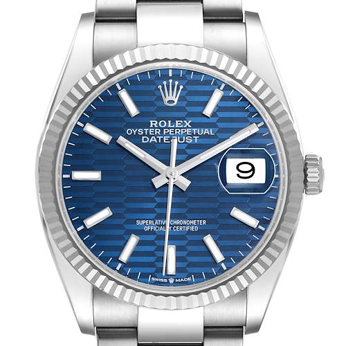 The Rolex Datejust 126234 Men's Stainless Steel Blue Dial watch is shown from a front angle highlighting the dial, hands, date, and fluted bezel.