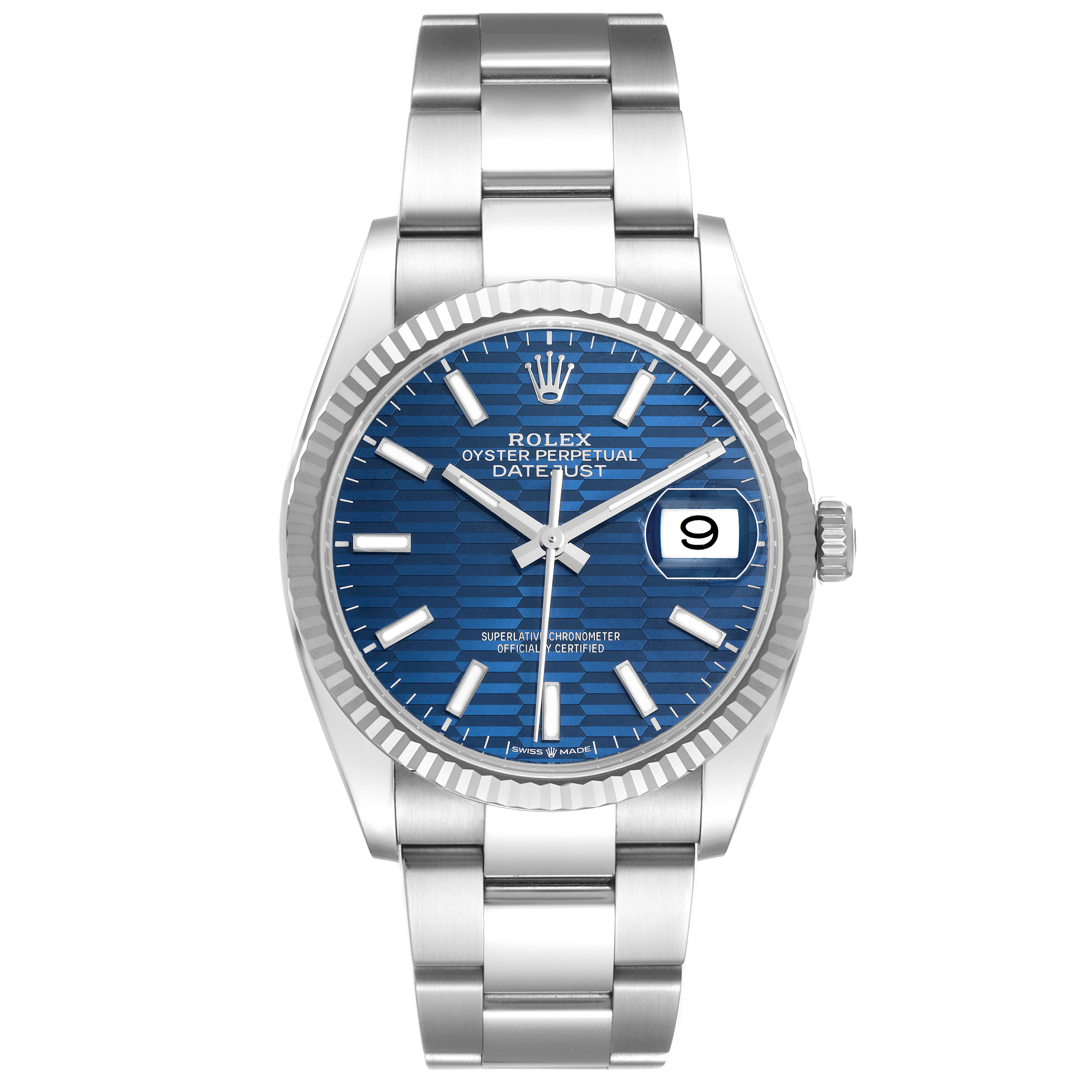 The Rolex Datejust 126234 Men's Stainless Steel Blue Dial is shown from the front, highlighting the blue dial, fluted bezel, and stainless steel bracelet.