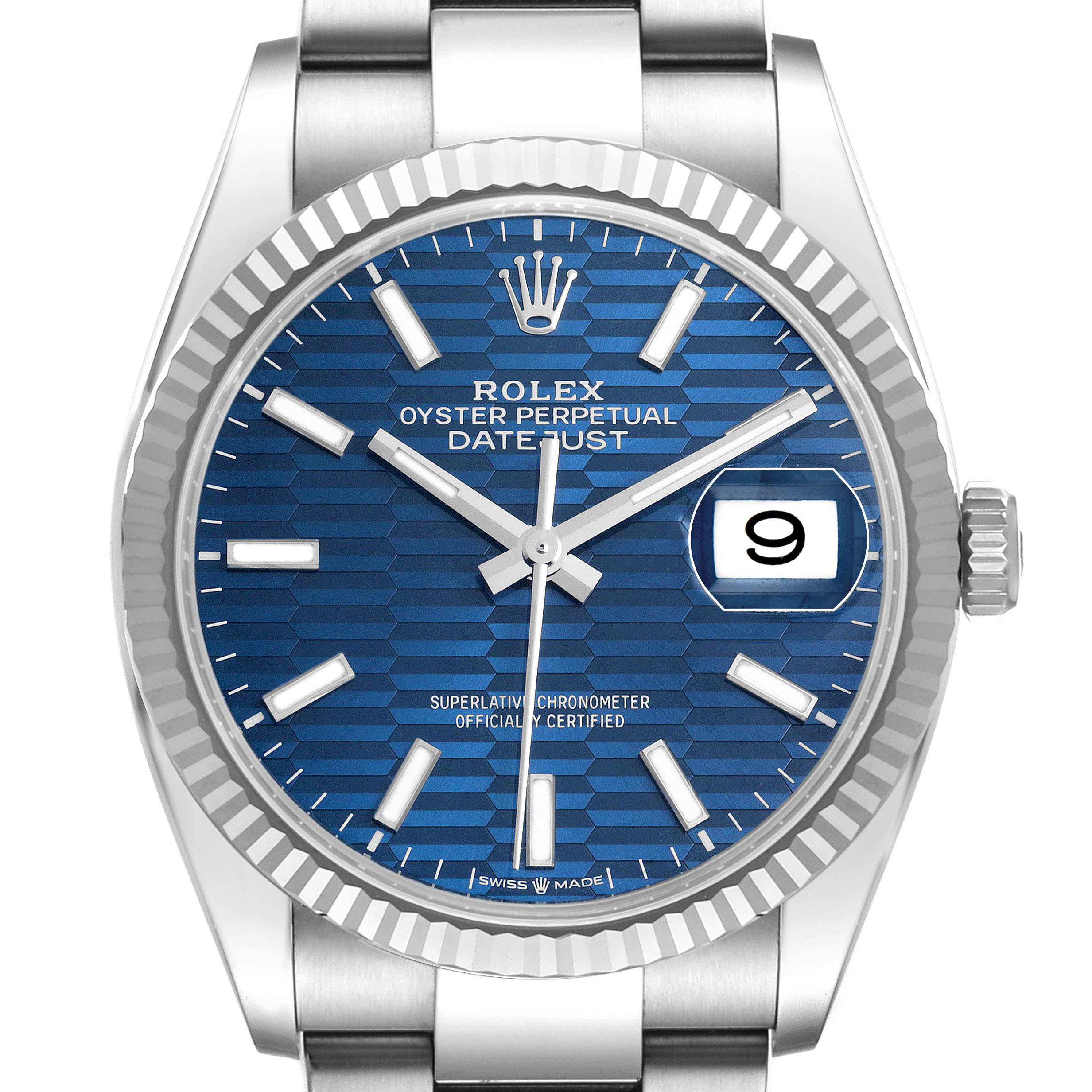 The image shows a front view of the Rolex Datejust 126234 Men's Stainless Steel Blue Dial, highlighting the blue dial, fluted bezel, and date window.