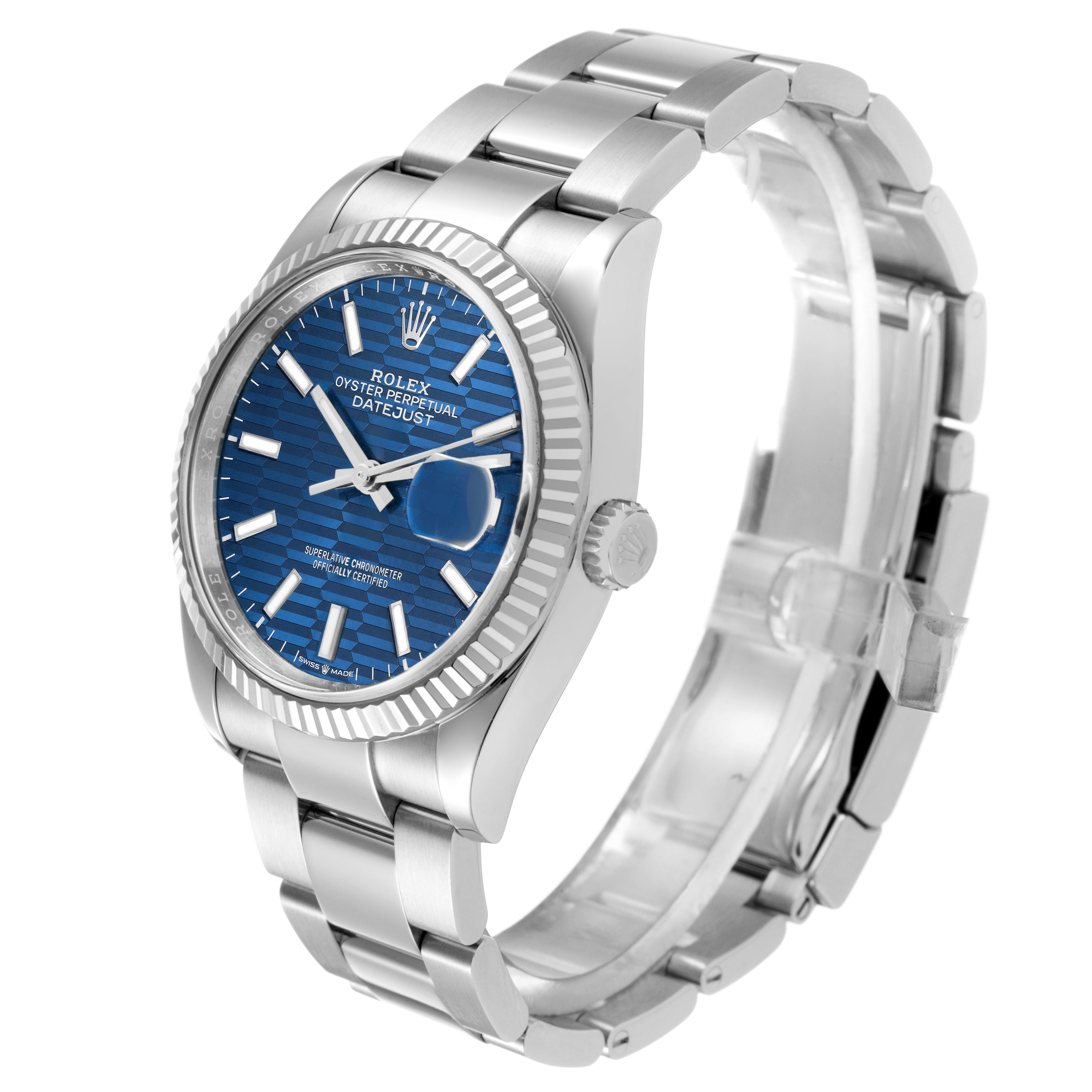 The Rolex Datejust 126234 Men's Stainless Steel Blue Dial watch is shown from a front-right angle, highlighting the blue dial, fluted bezel, and metal bracelet.