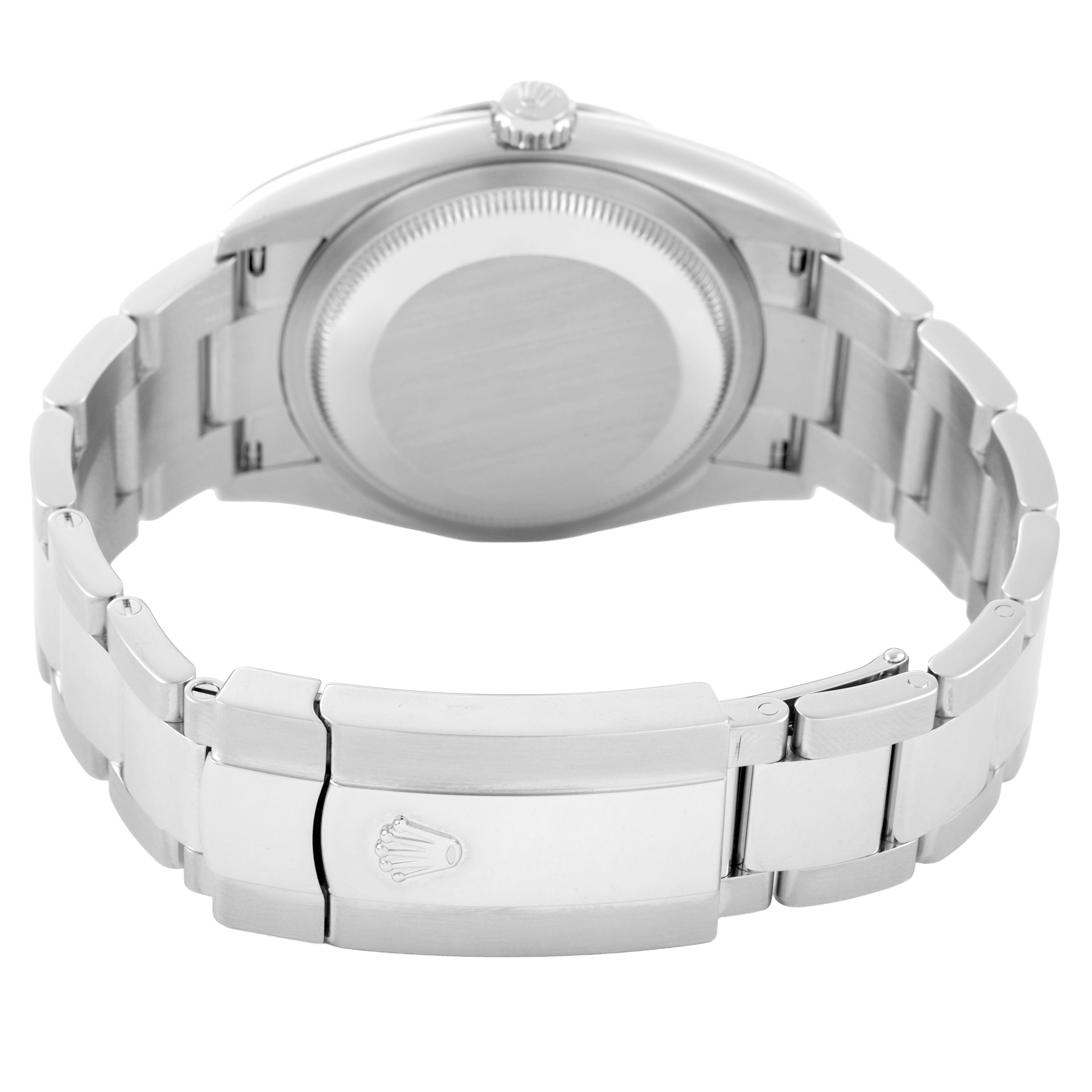 The image shows the back view of a Rolex Datejust 126234 Men's Stainless Steel Blue Dial, highlighting its case back and bracelet clasp.