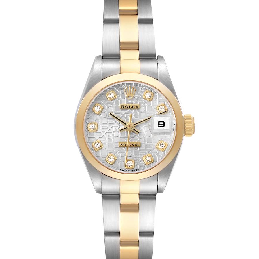 The Rolex Datejust 79163 Women's Steel and Gold (two tone) Silver Dial watch is shown from a front angle, featuring its dial, bezel, and bracelet.