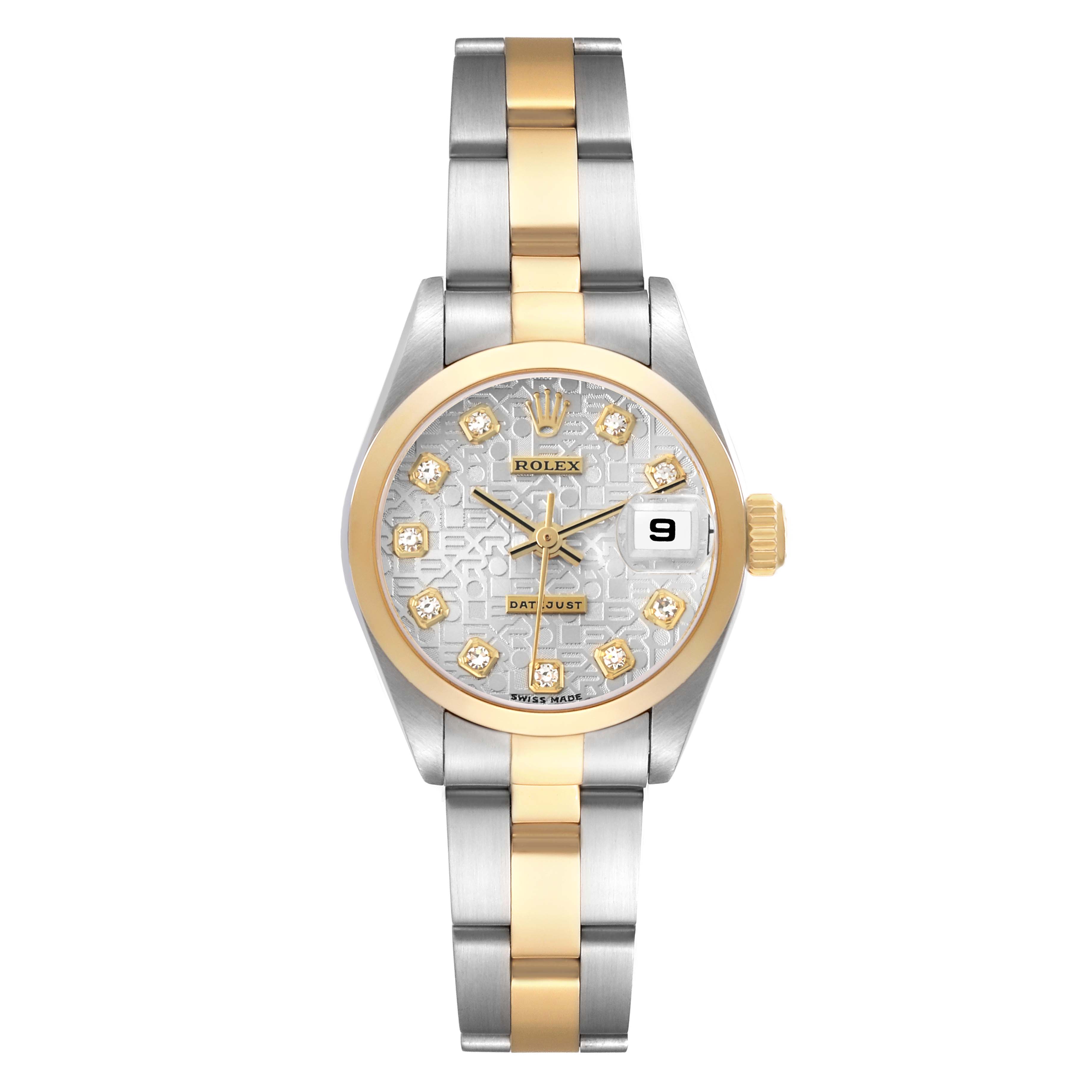 The Rolex Datejust 79163 Women
s Steel and Gold (two tone) Silver Dial watch is shown from a front angle, highlighting the dial, bezel, bracelet, and date window.