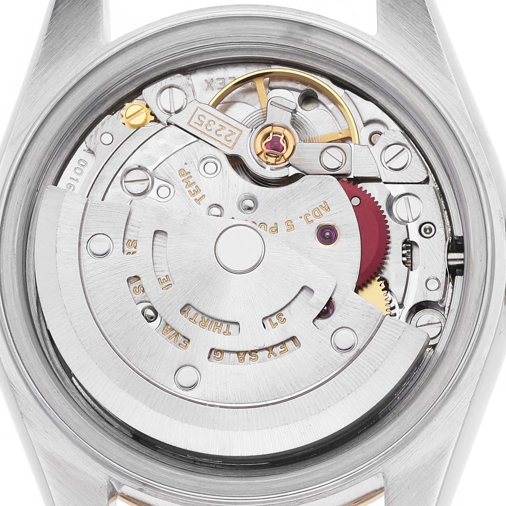 The image shows the movement mechanism of a Rolex Datejust 79163 Women
s Steel and Gold (two tone) Silver Dial from a rear angle, highlighting gears, rotors, and inscriptions.