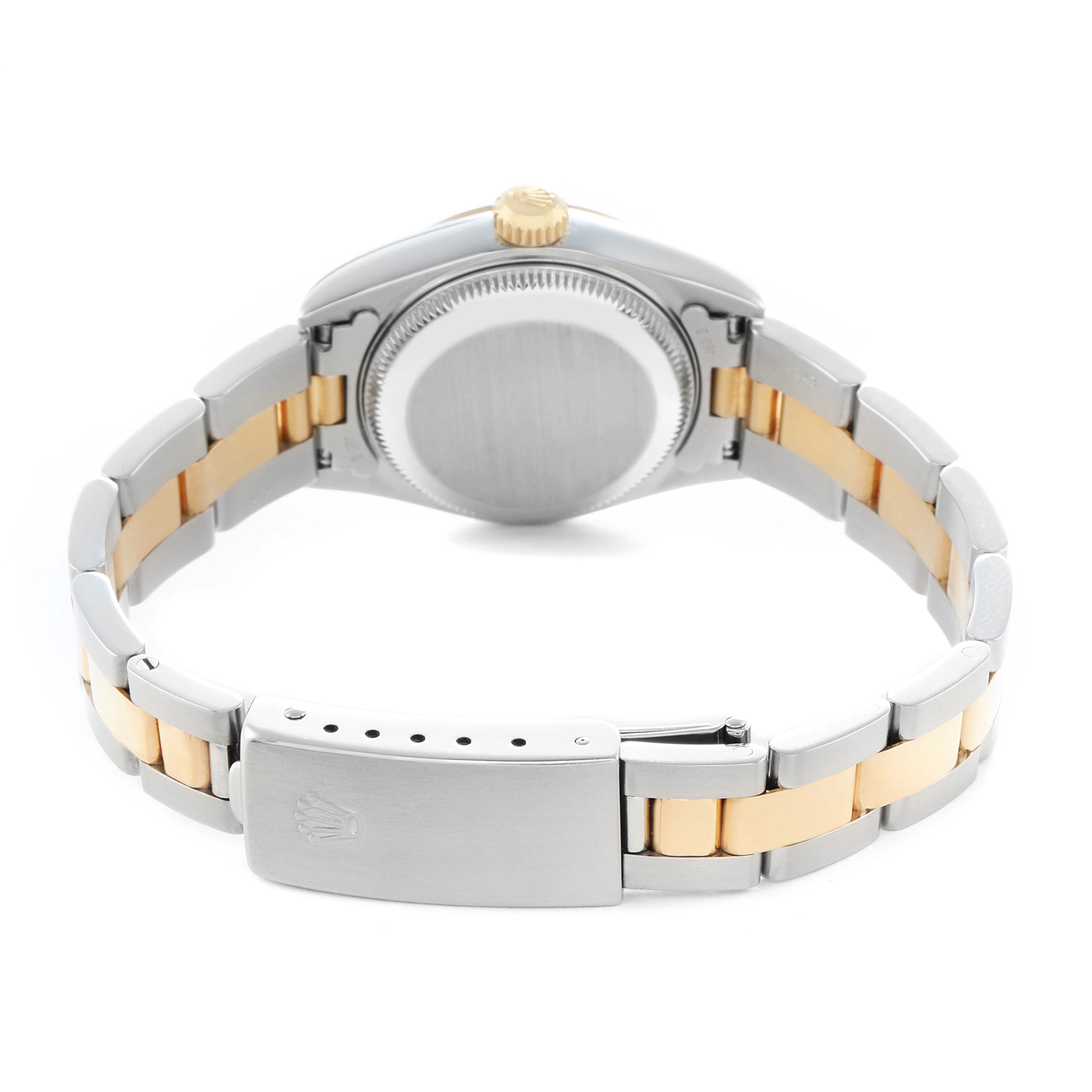 The image shows the back and bracelet of a Rolex Datejust 79163 Women
s Steel and Gold (two tone) Silver Dial watch, featuring a two-tone band and closed clasp.