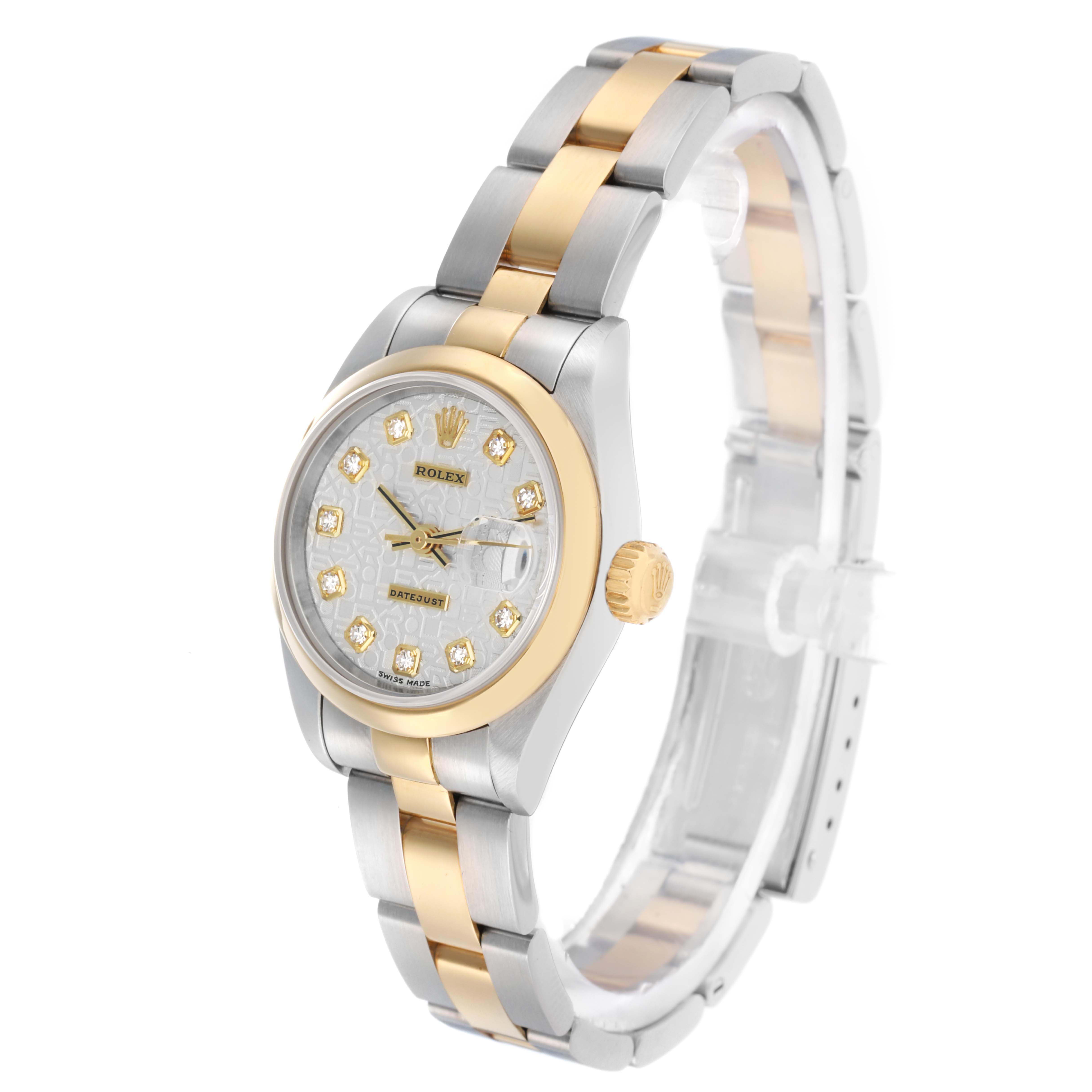 The Rolex Datejust 79163 Women
s Steel and Gold (two tone) Silver Dial watch is shown at a three-quarter angle, highlighting the face, dial, bezel, and two-tone bracelet.