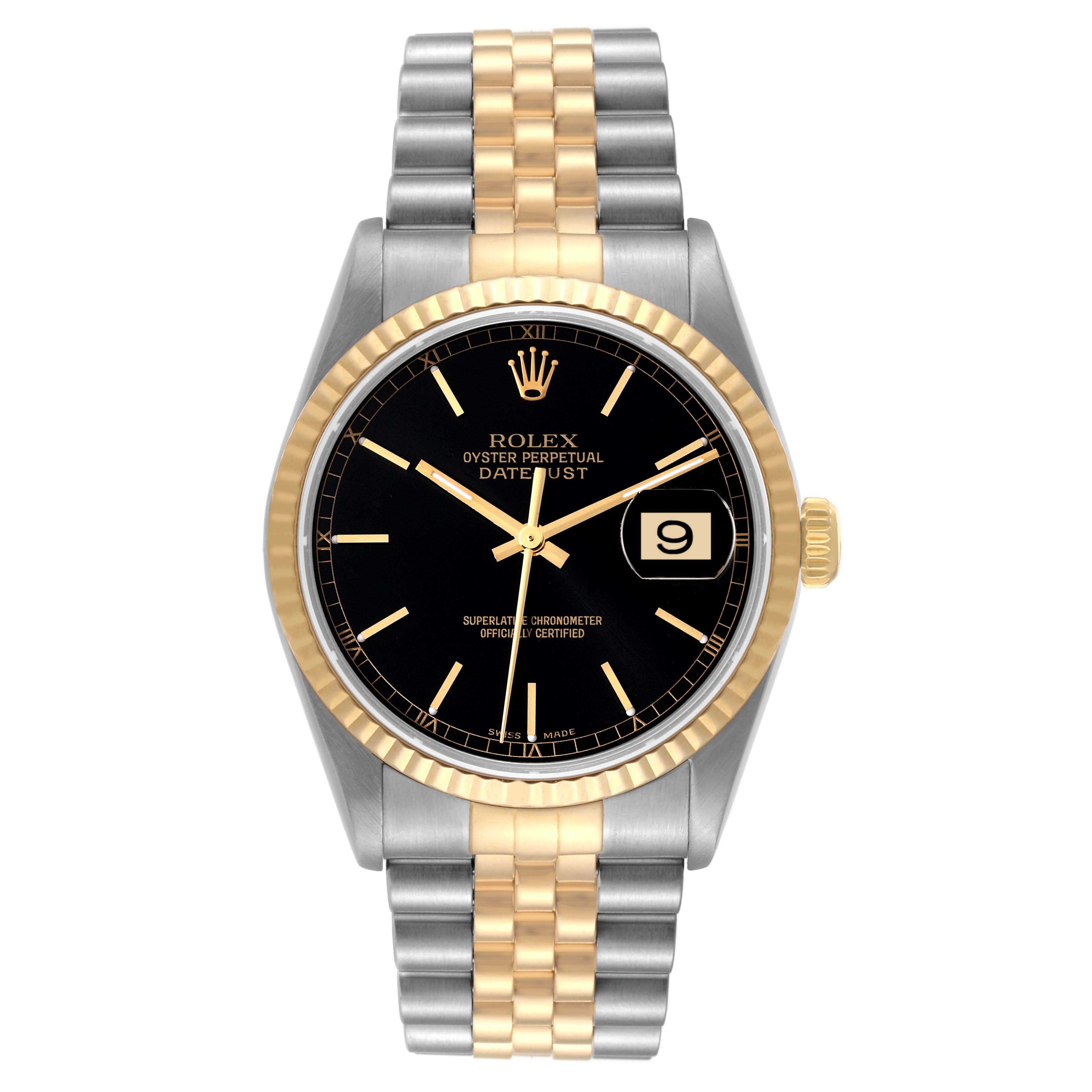 This image shows a front view of a Rolex Datejust 16233 Men's Steel and Gold (two tone) Black Dial 16233 Men's Steel and Gold (two tone) Black Dial watch, featuring its dial, bezel, crown, and two-tone bracelet.