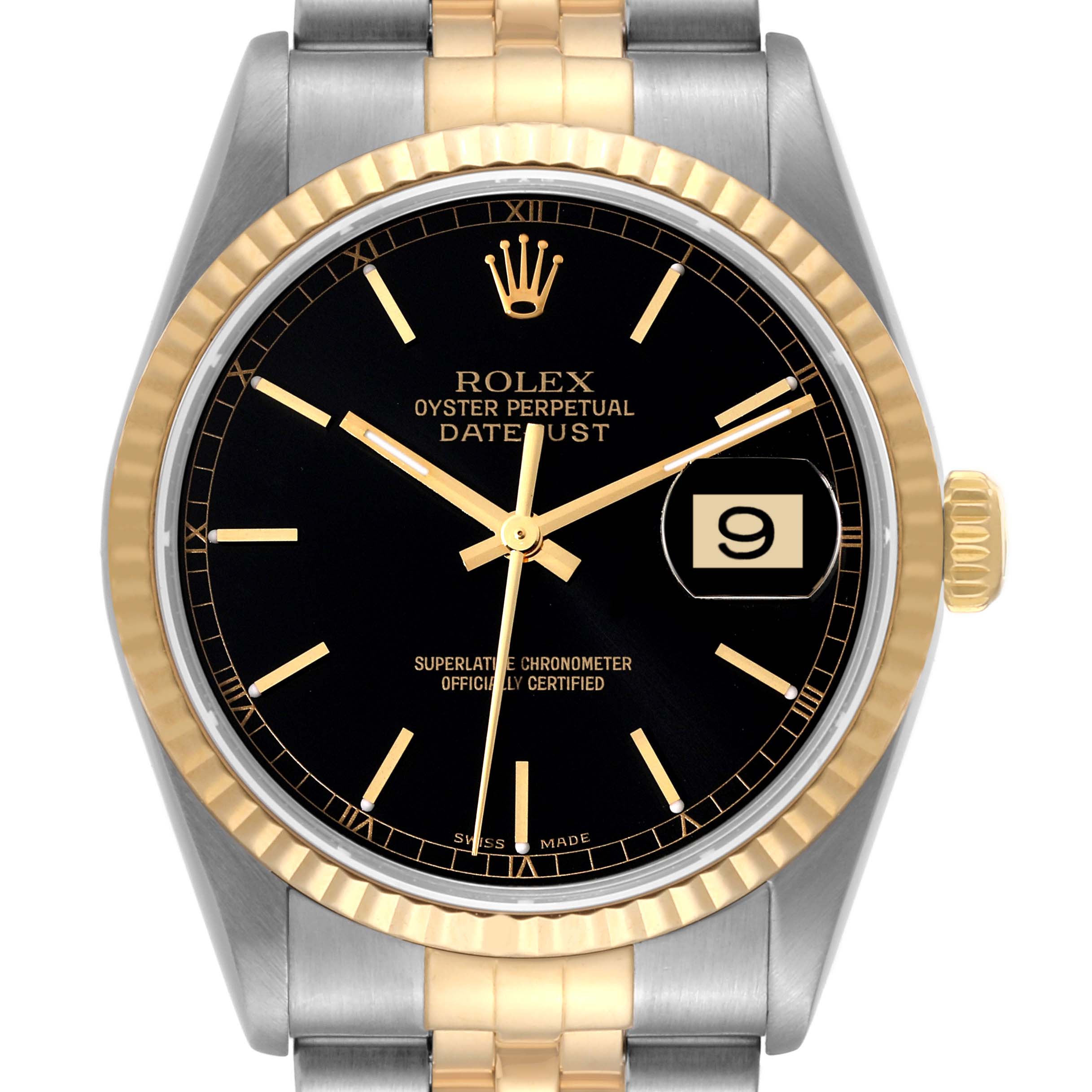 The Rolex Datejust 16233 Men's Steel and Gold (two tone) Black Dial 16233 Men's Steel and Gold (two tone) Black Dial watch is shown from a front angle, featuring the dial, bezel, and part of the bracelet.