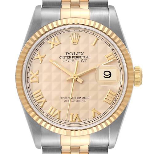 Photo of Rolex Datejust Steel Yellow Gold Champagne Pyramid Dial Mens Watch 16233