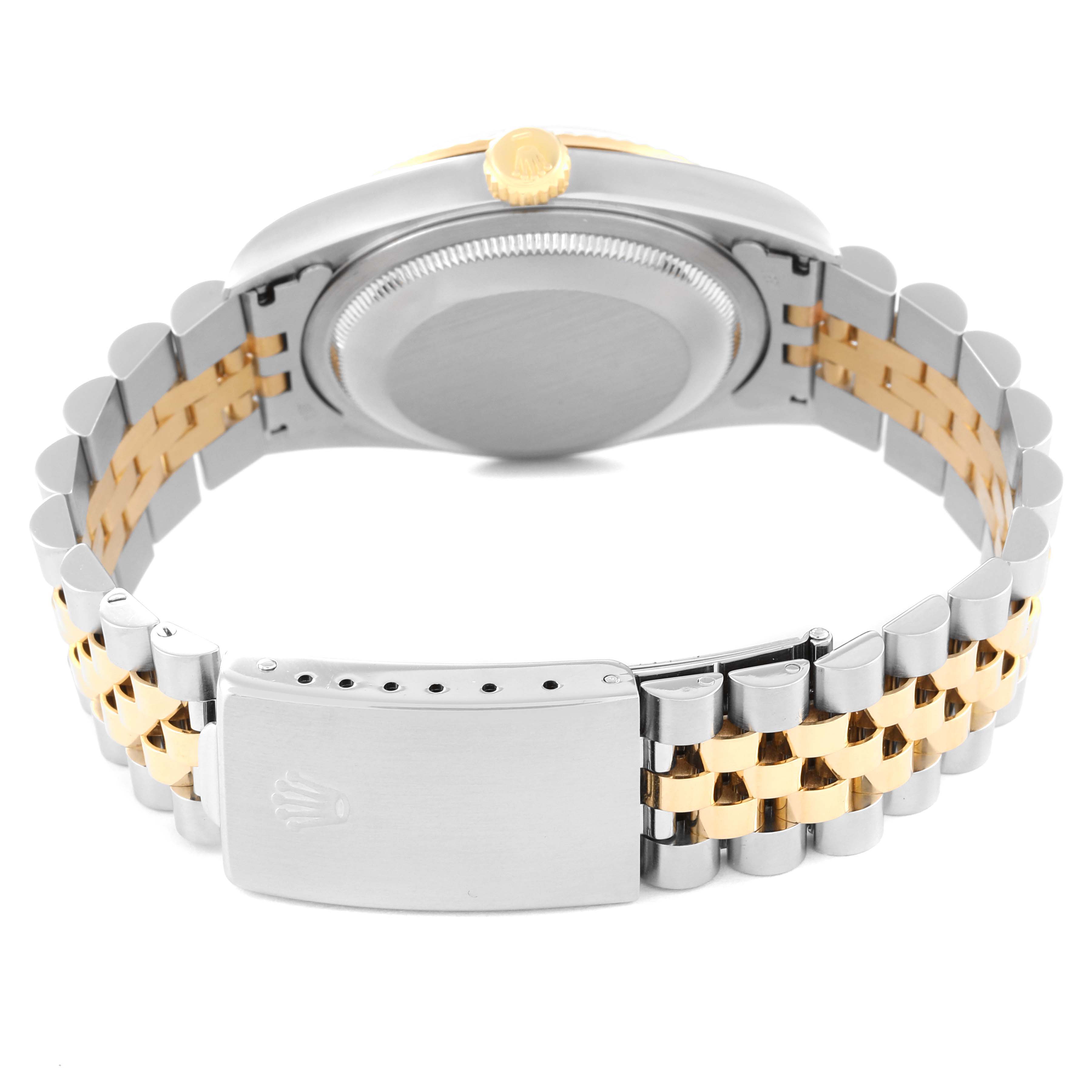 The image shows the back view of a Rolex Datejust 16233 Men
s Steel and Gold (two tone) Champagne Dial 16233 Men
s Steel and Gold (two tone) Champagne Dial watch, highlighting its Jubilee bracelet and clasp.